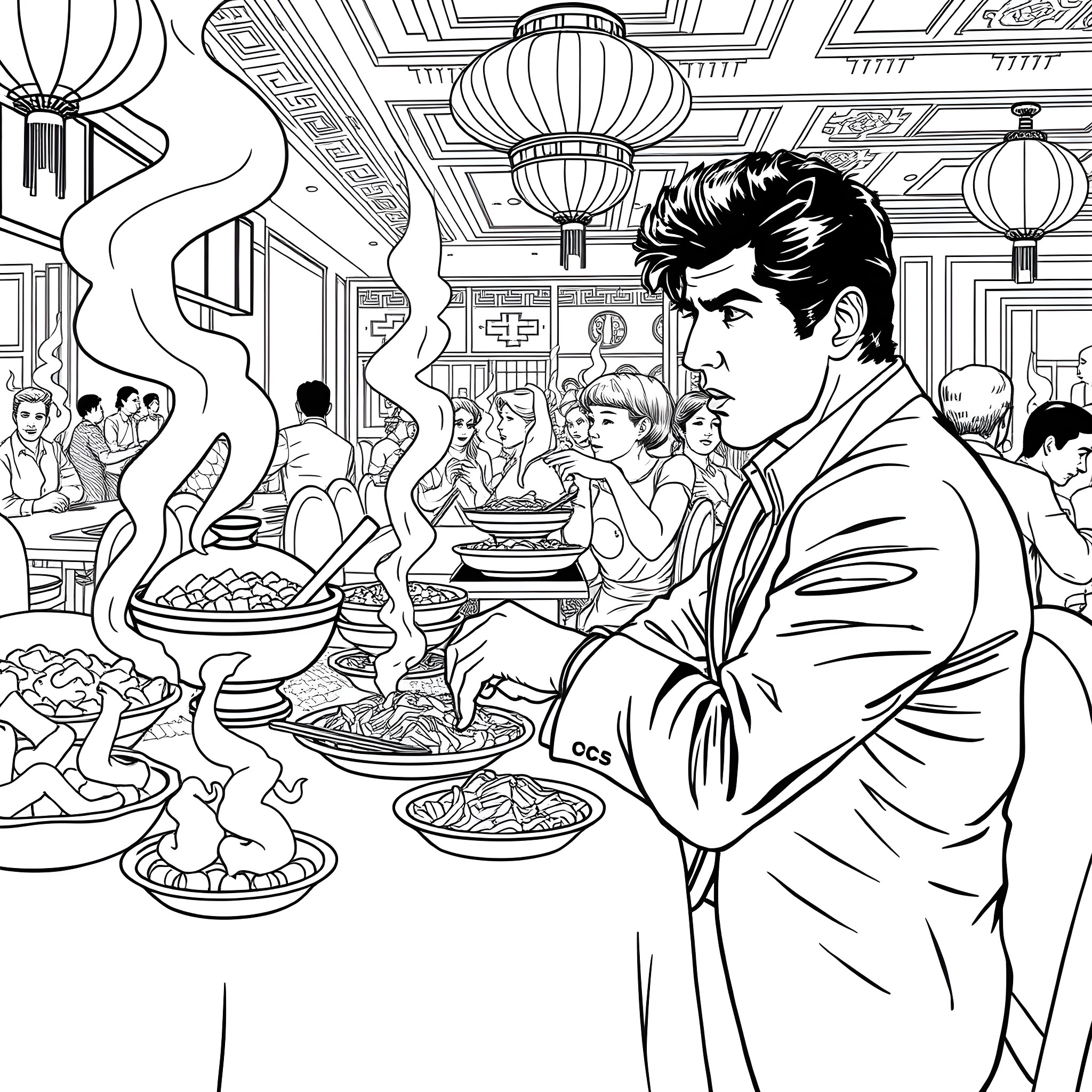 Tony Montana enjoying a lavish dinner in an opulent restaurant Coloring Page (free black-and-white line drawing printable PDF for all, from beginners to advanced learners, including children, teens, adults, and seniors)