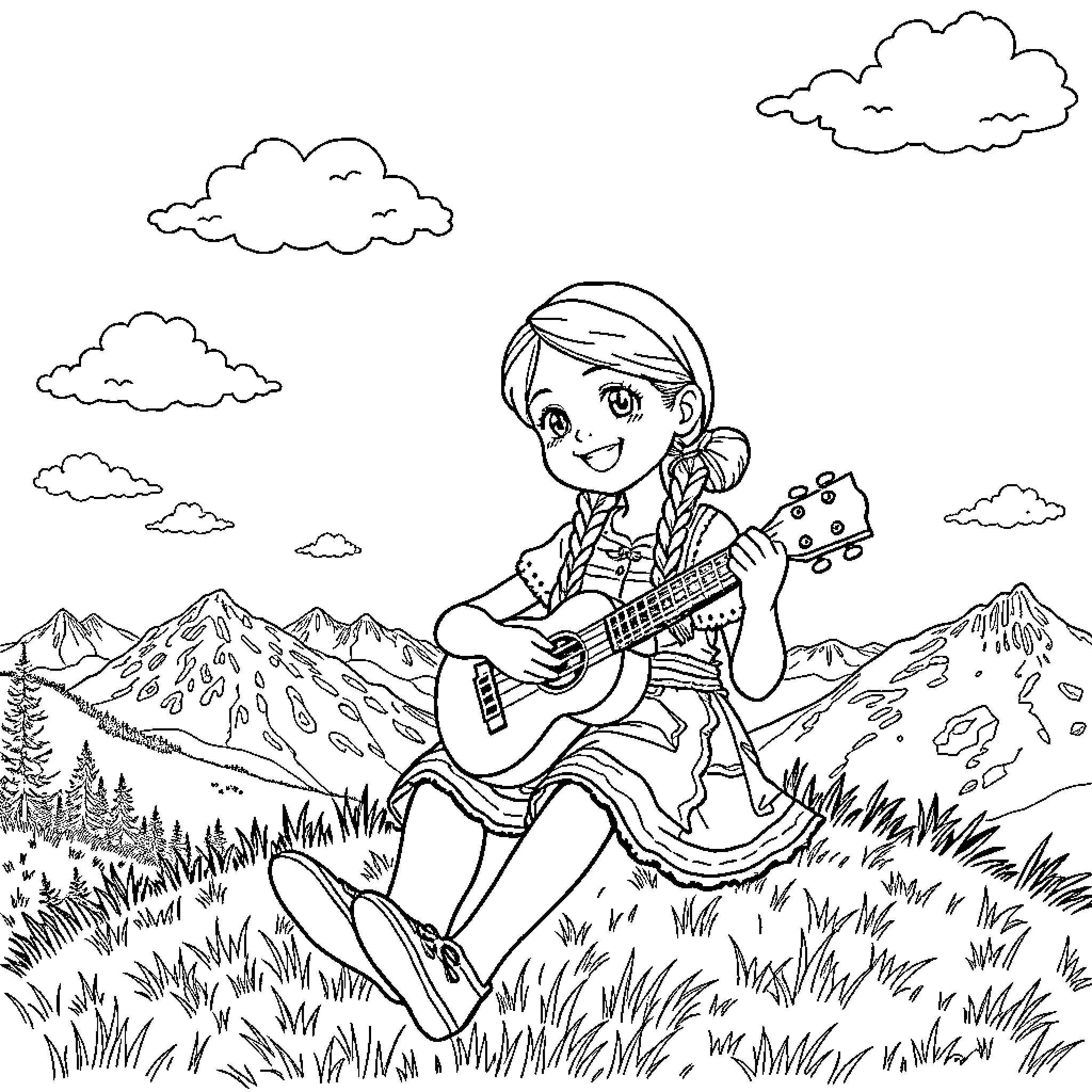 Heidi playing guitar in the mountains Coloring Page (free black-and-white line drawing printable PDF for all, from beginners to advanced learners, including children, teens, adults, and seniors)