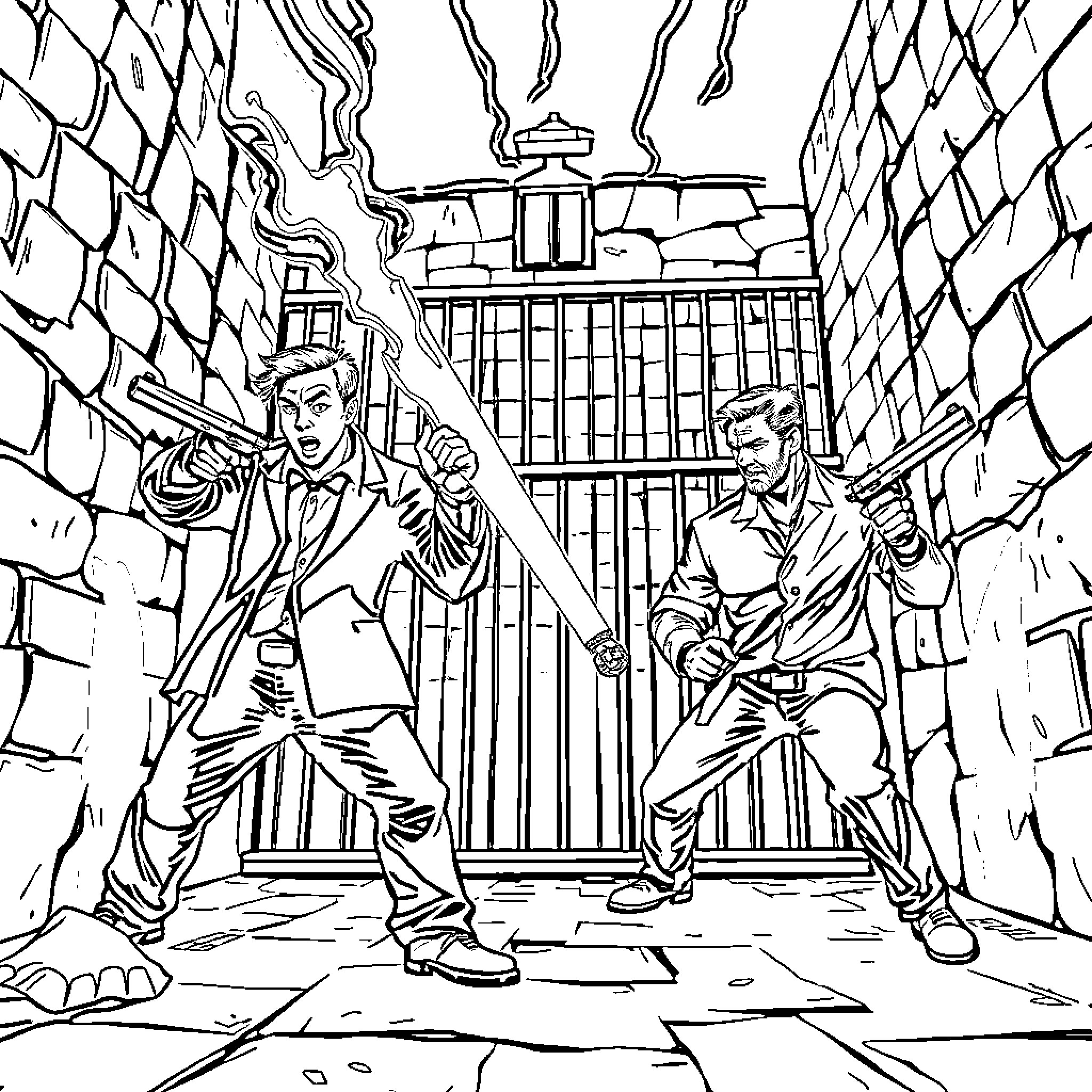 Prison Break: Daring Escape from Confinement Coloring Page (free black-and-white line drawing printable PDF for all, from beginners to advanced learners, including children, teens, adults, and seniors)