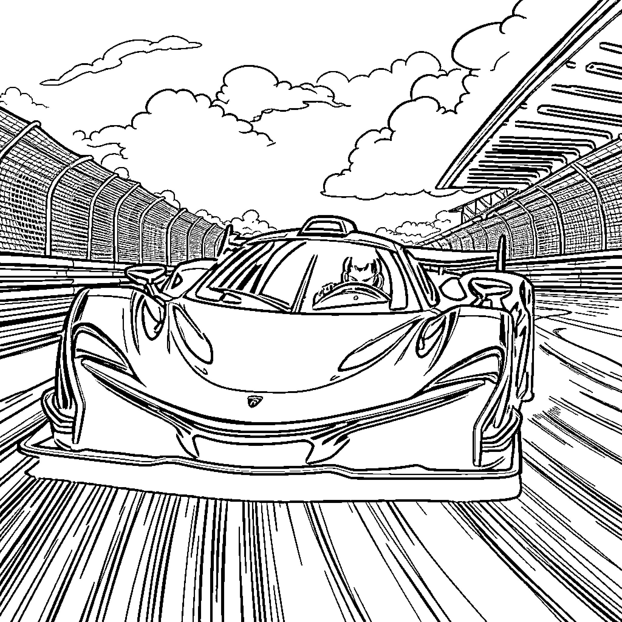 McLaren F1 Racing on the Track Coloring Page (free black-and-white line drawing printable PDF for all, from beginners to advanced learners, including children, teens, adults, and seniors)