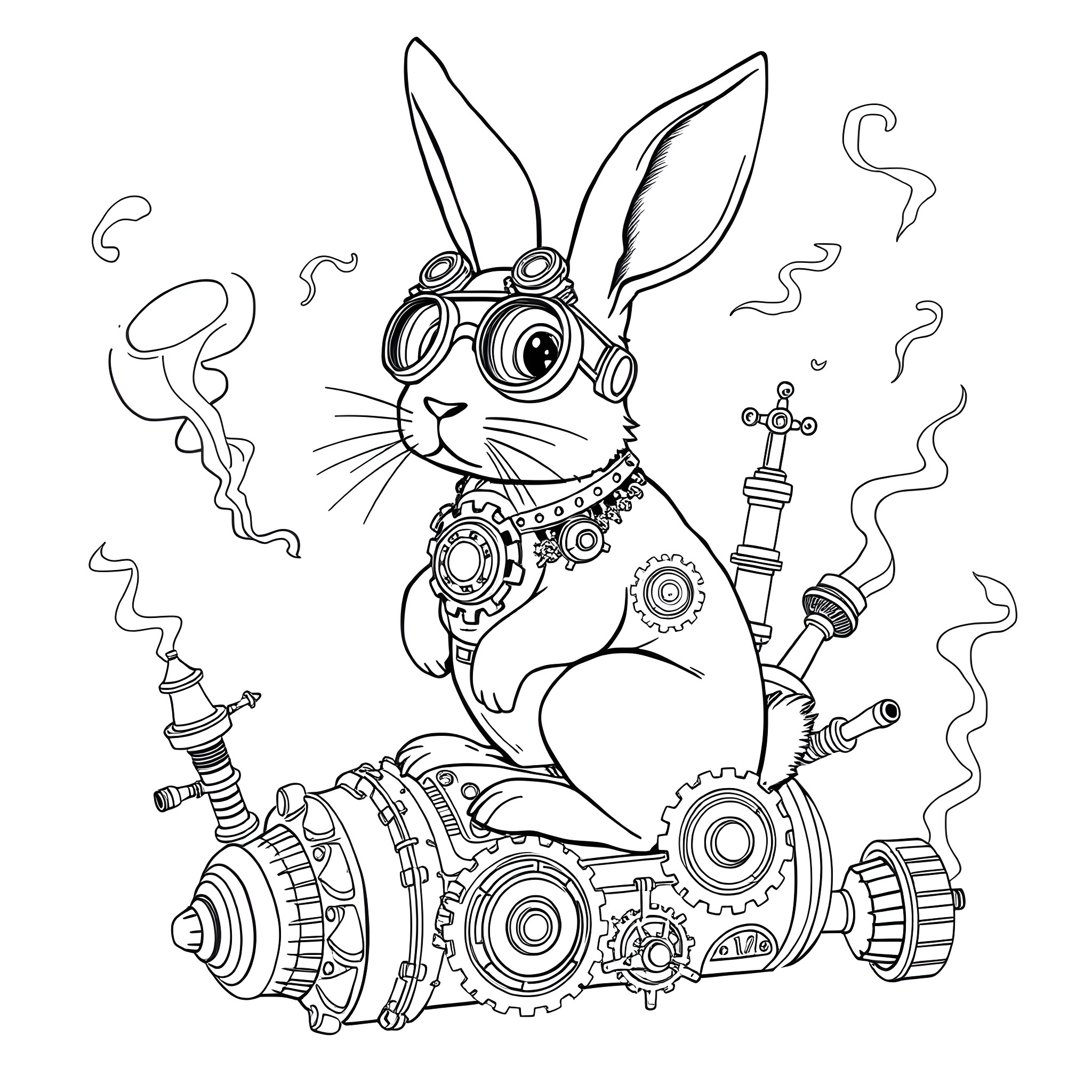 Steampunk Rabbit in Mechanical Wonderland Coloring Page (free black-and-white line drawing printable PDF for all, from beginners to advanced learners, including children, teens, adults, and seniors)
