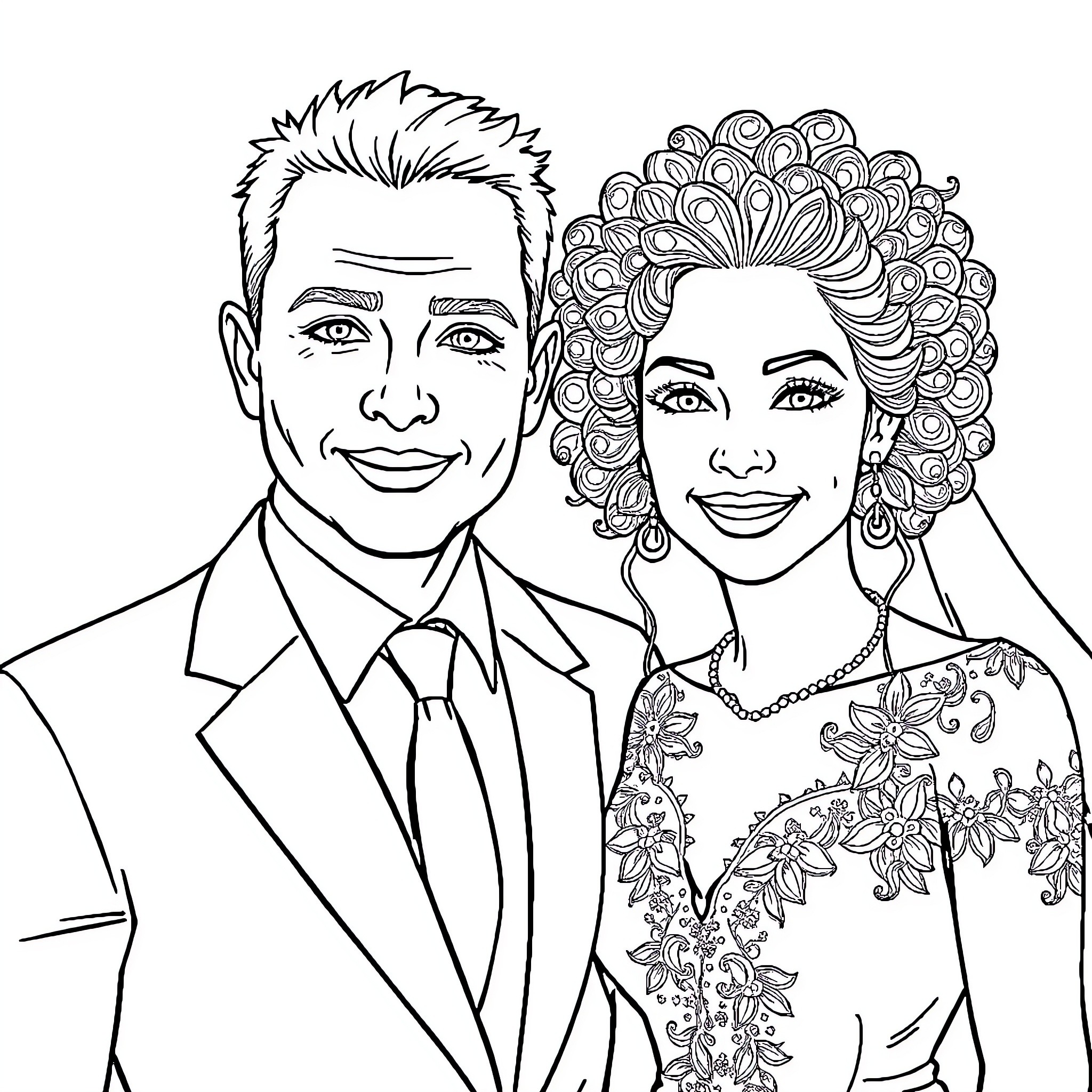 Marie and her husband in formal attire Coloring Page (free black-and-white line drawing printable PDF for all, from beginners to advanced learners, including children, teens, adults, and seniors)