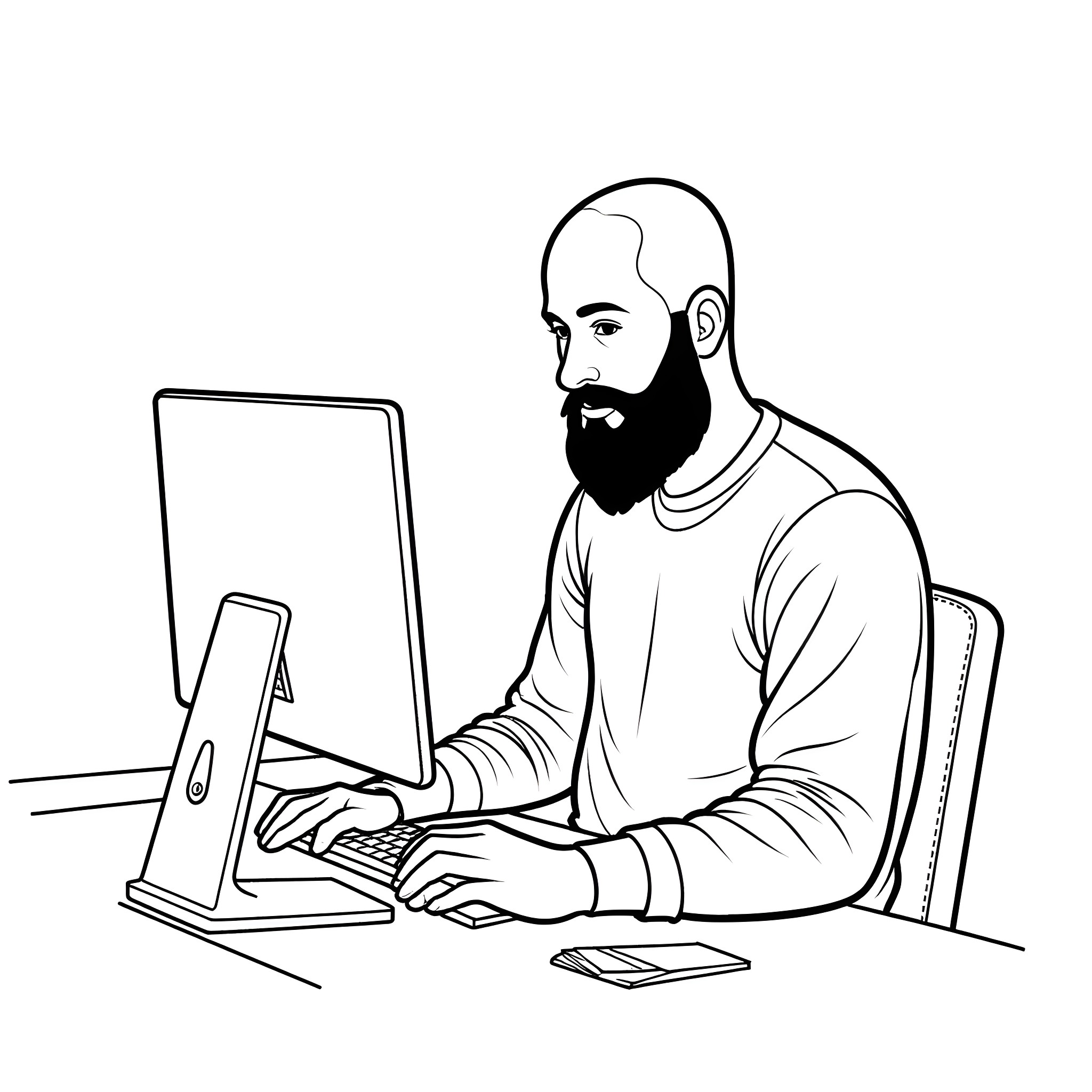 Man working diligently on computer in office Coloring Page (free black-and-white line drawing printable PDF for all, from beginners to advanced learners, including children, teens, adults, and seniors)