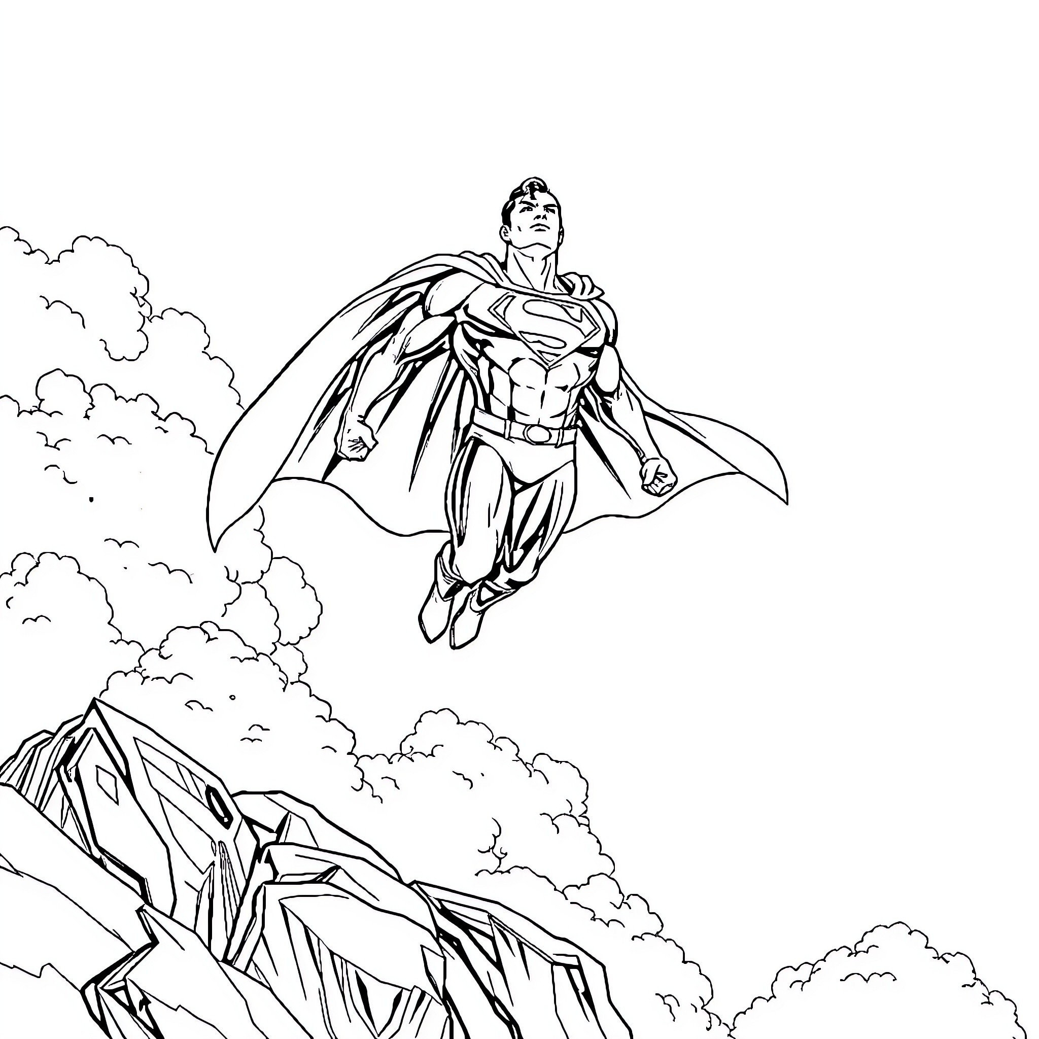 Superman soaring heroically over rugged terrain Coloring Page (free black-and-white line drawing printable PDF for all, from beginners to advanced learners, including children, teens, adults, and seniors)