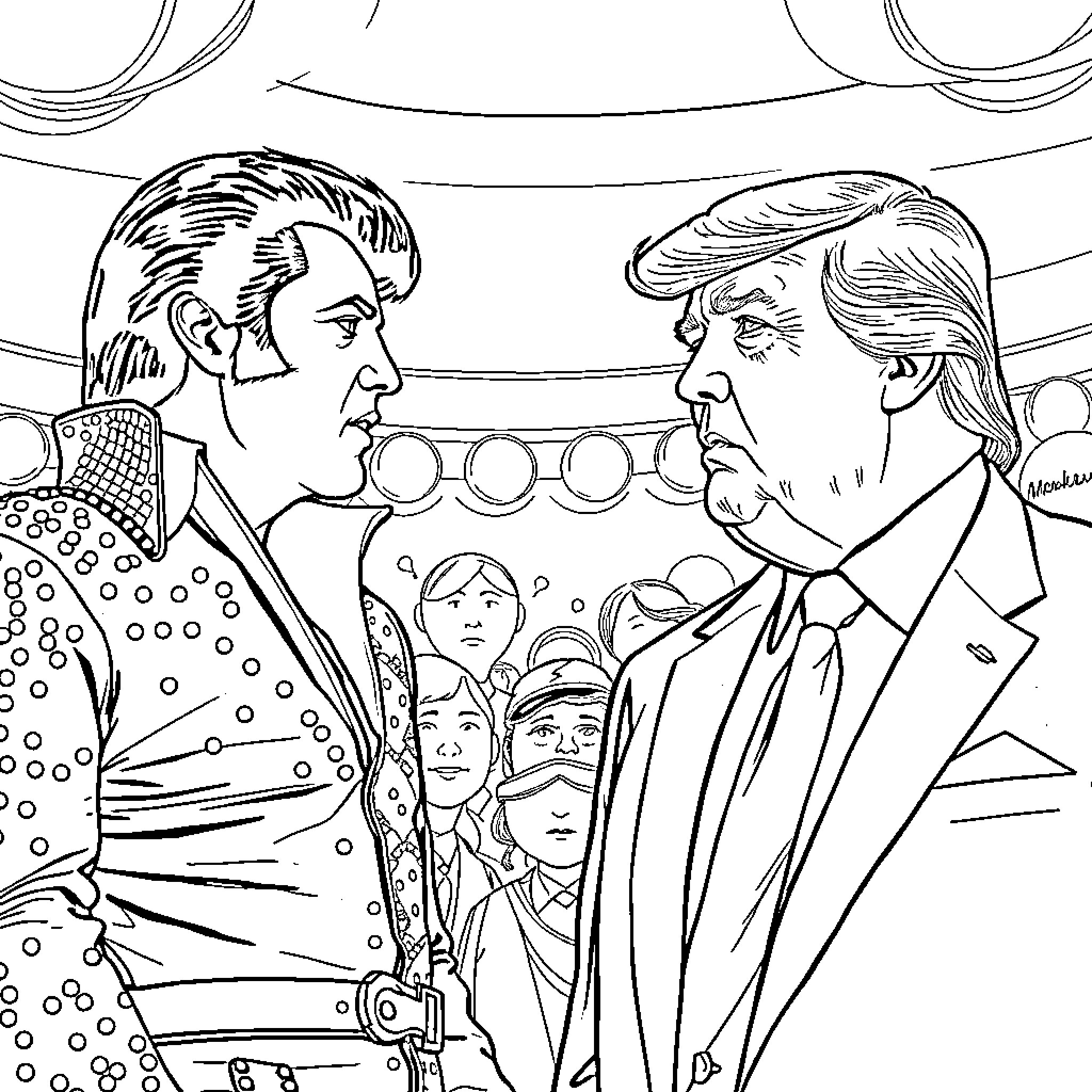 Elvis Meets Trump: A Confrontational Encounter Coloring Page (free black-and-white line drawing printable PDF for all, from beginners to advanced learners, including children, teens, adults, and seniors)