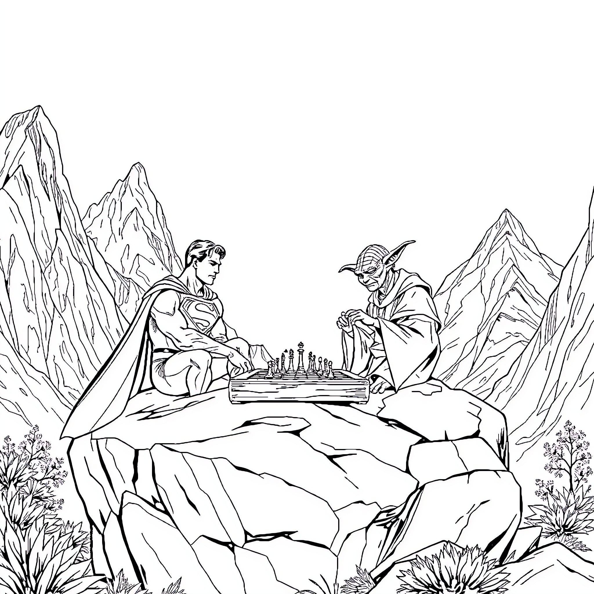 Superman and Yoda playing chess in the mountains Coloring Page (free black-and-white line drawing printable PDF for all, from beginners to advanced learners, including children, teens, adults, and seniors)