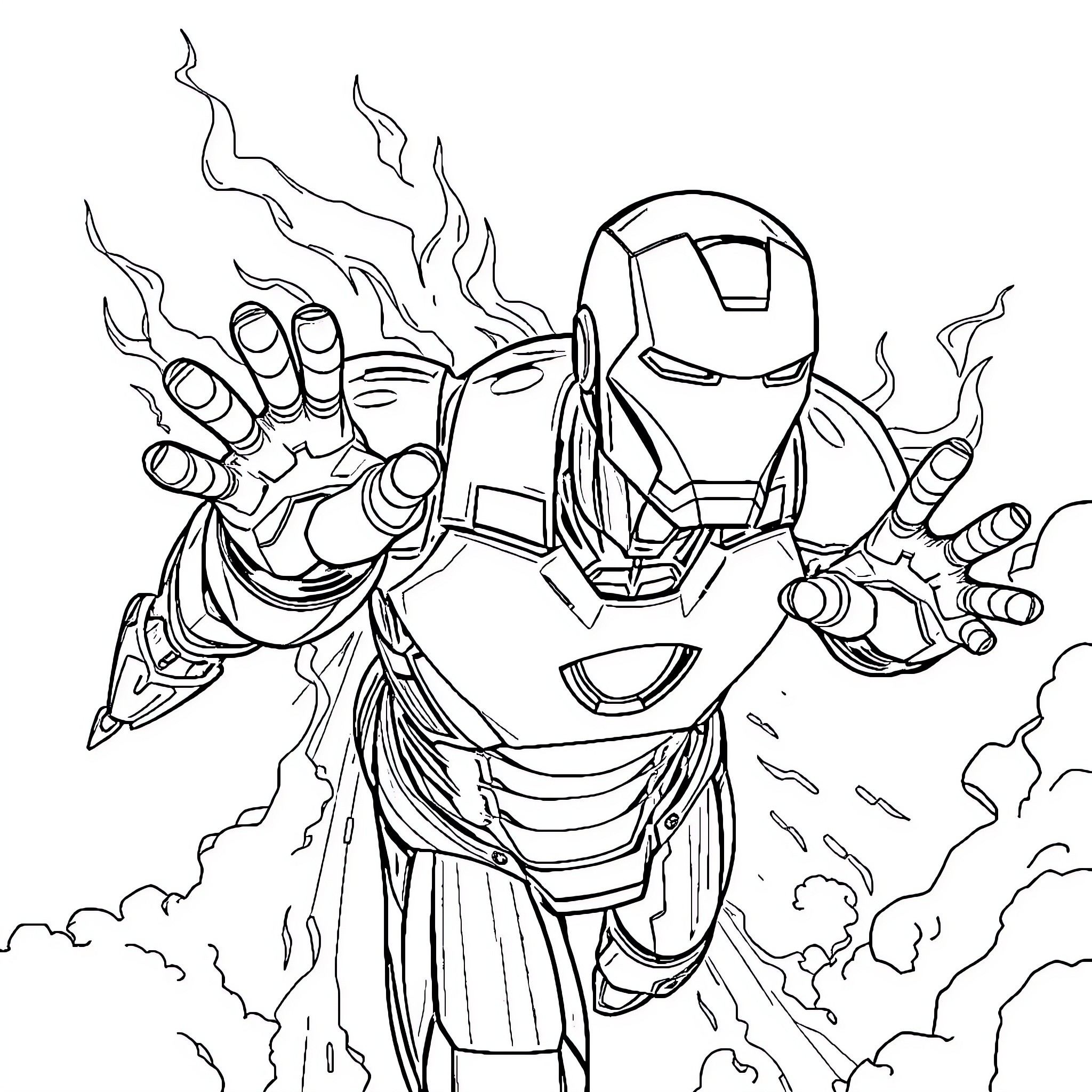 Iron Man in Fierce Combat Pose Coloring Page (free black-and-white line drawing printable PDF for all, from beginners to advanced learners, including children, teens, adults, and seniors)