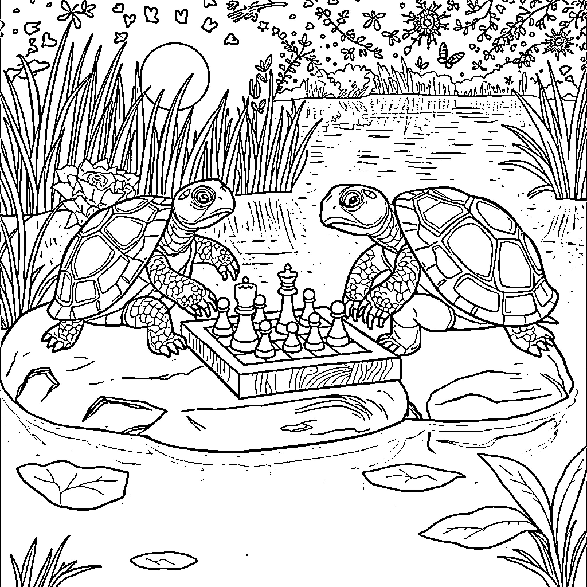 Turtle playing chess in the pond Coloring Page (free black-and-white line drawing printable PDF for all, from beginners to advanced learners, including children, teens, adults, and seniors)