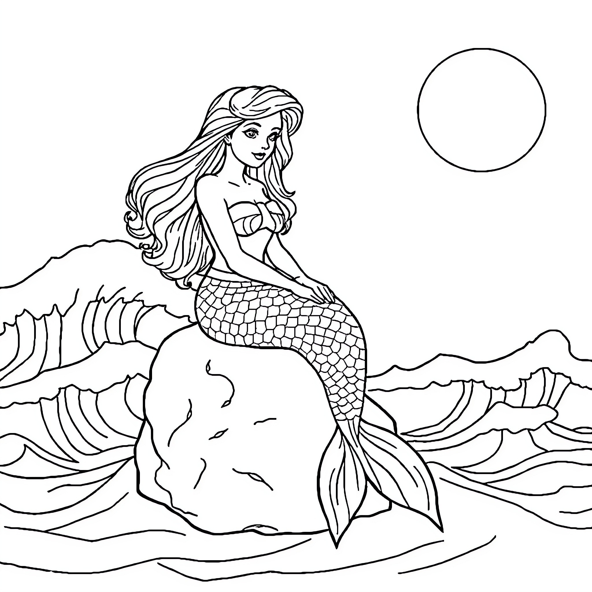 Mermaid resting on a rocky outcrop in the ocean Coloring Page (free black-and-white line drawing printable PDF for all, from beginners to advanced learners, including children, teens, adults, and seniors)