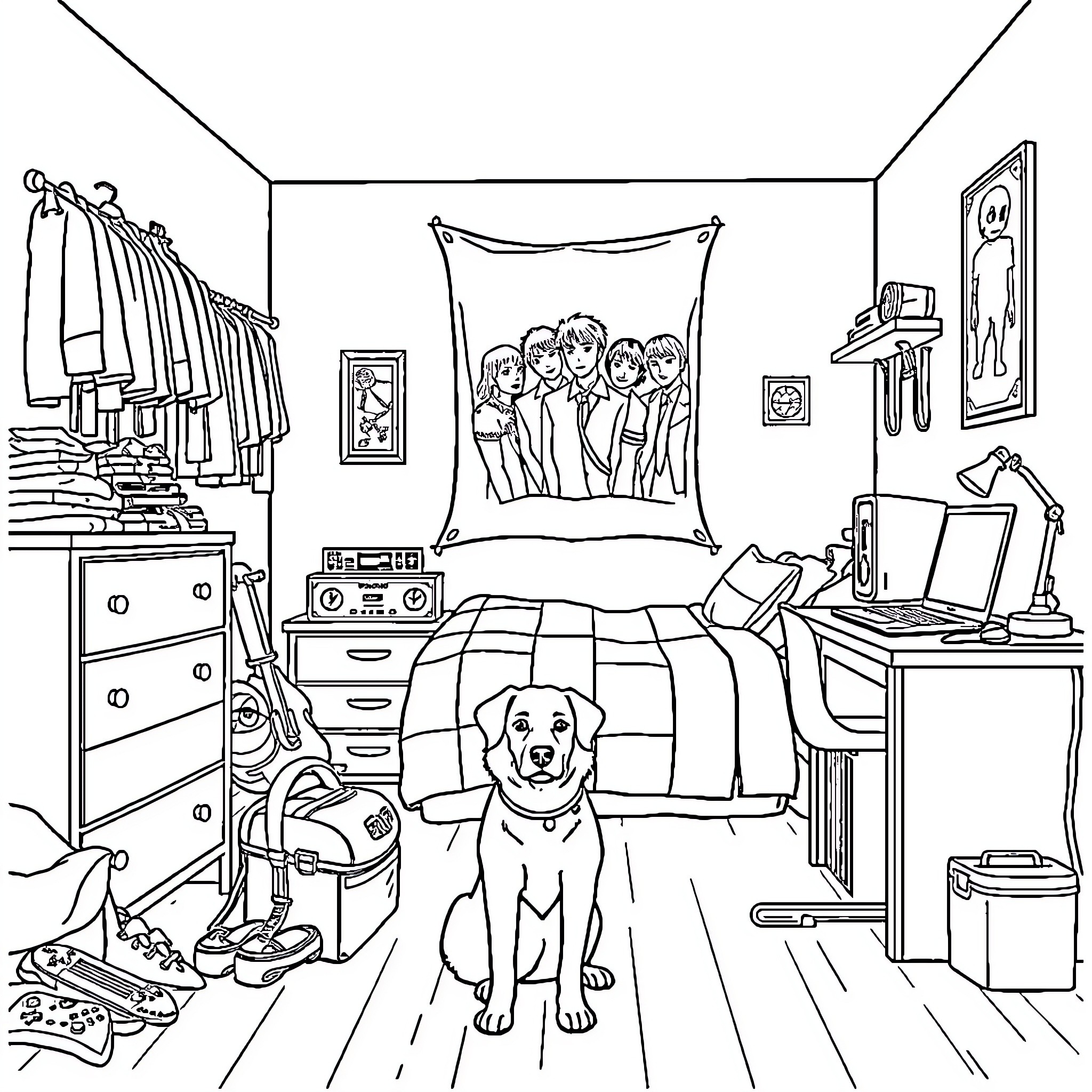 Boy's Messy Bedroom with Pet Dog Coloring Page (free black-and-white line drawing printable PDF for all, from beginners to advanced learners, including children, teens, adults, and seniors)
