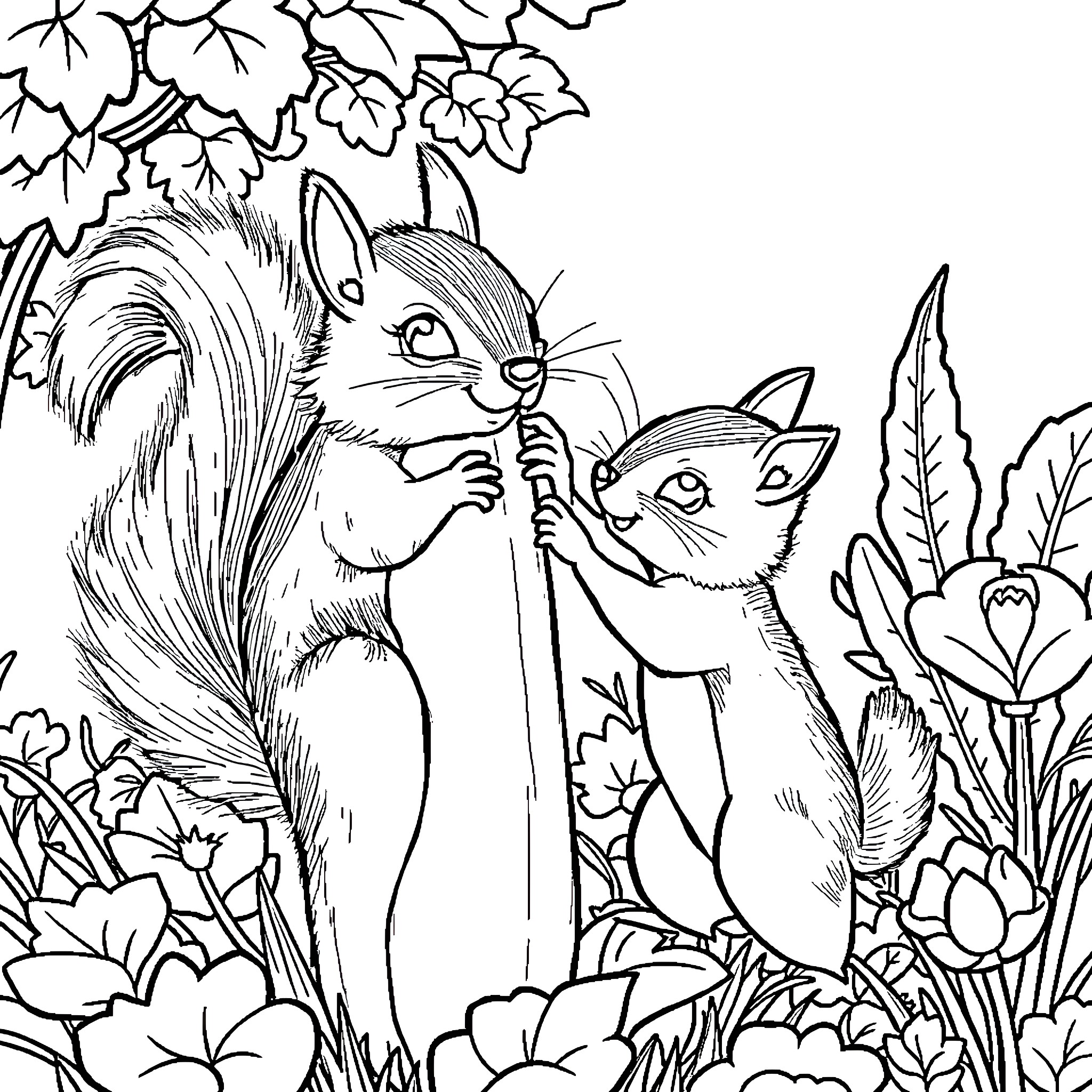 Squirrel friends explore the woodland together Coloring Page (free black-and-white line drawing printable PDF for all, from beginners to advanced learners, including children, teens, adults, and seniors)
