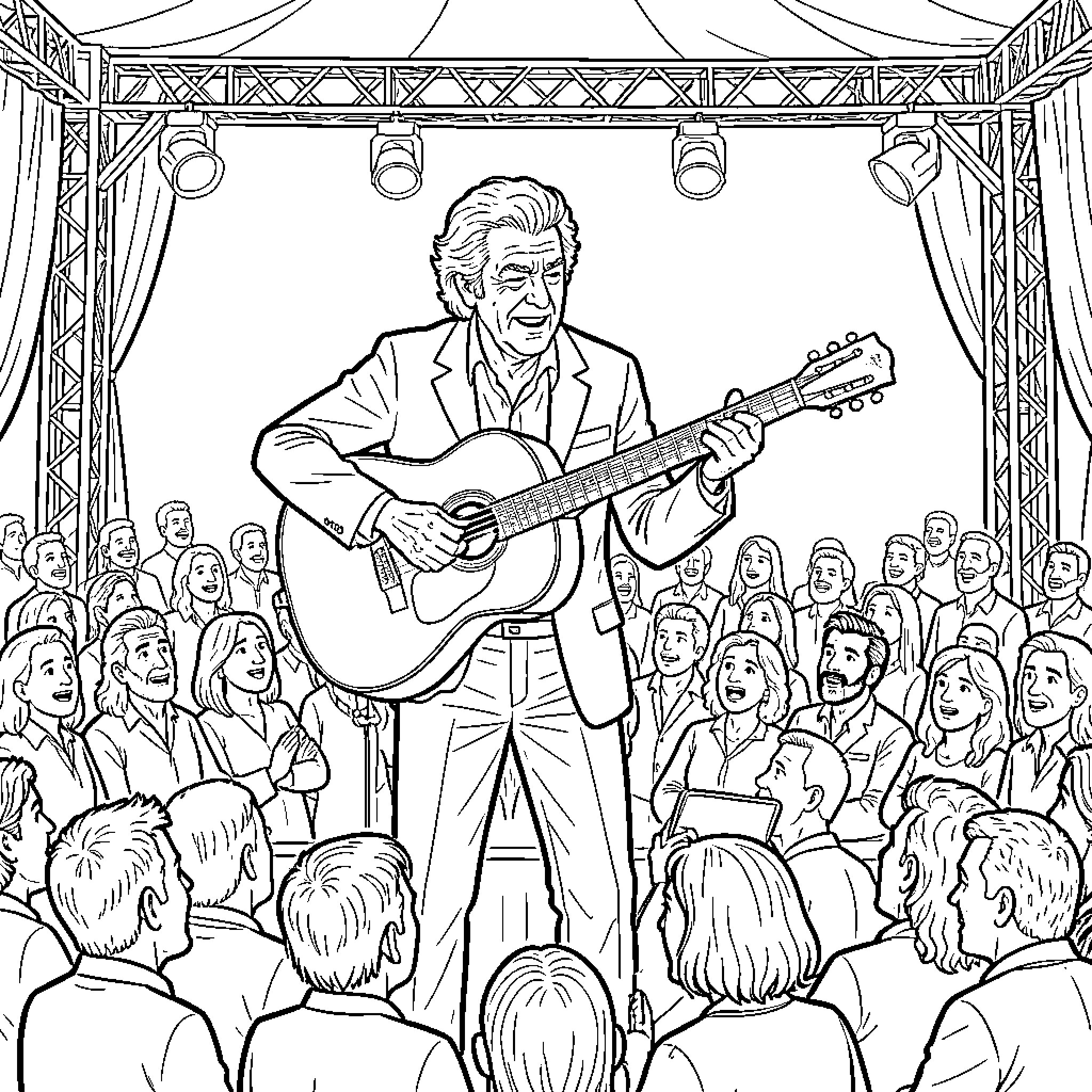 Paco de Lucia playing guitar for an enthusiastic audience Coloring Page (free black-and-white line drawing printable PDF for all, from beginners to advanced learners, including children, teens, adults, and seniors)
