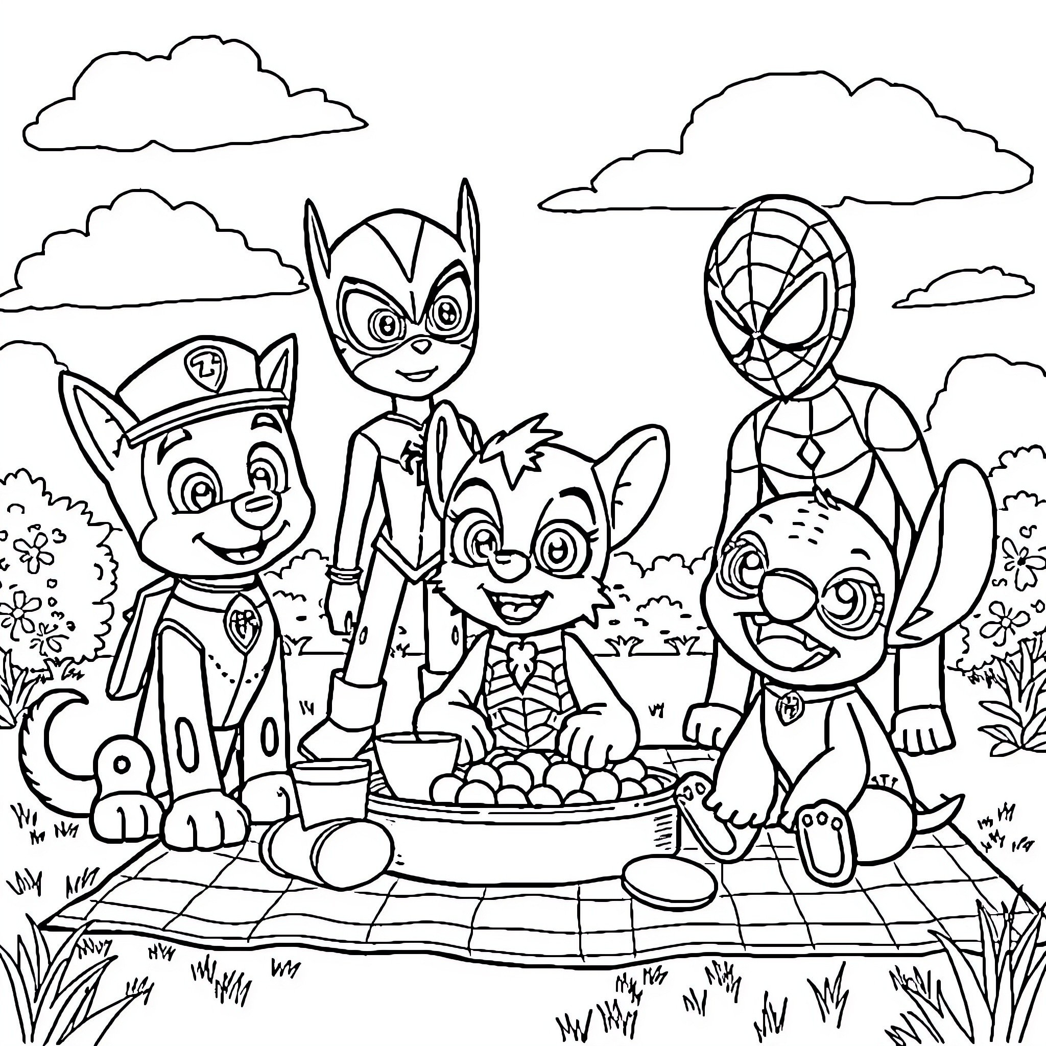 Picnic with Cartoon Characters in Outdoor Scene Coloring Page (free black-and-white line drawing printable PDF for all, from beginners to advanced learners, including children, teens, adults, and seniors)