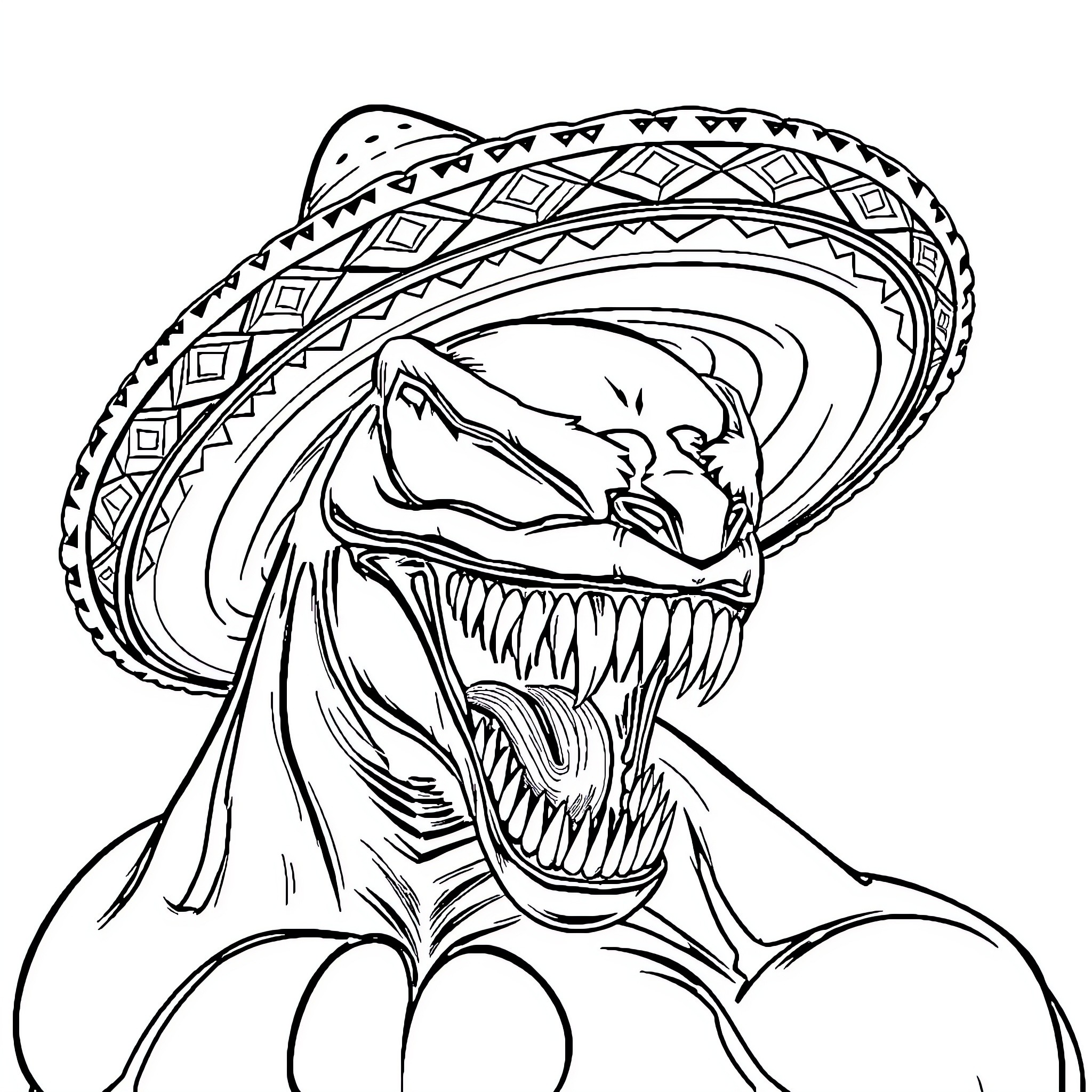 Venom Creature Wearing Sombrero and Baring Fangs Coloring Page (free black-and-white line drawing printable PDF for all, from beginners to advanced learners, including children, teens, adults, and seniors)