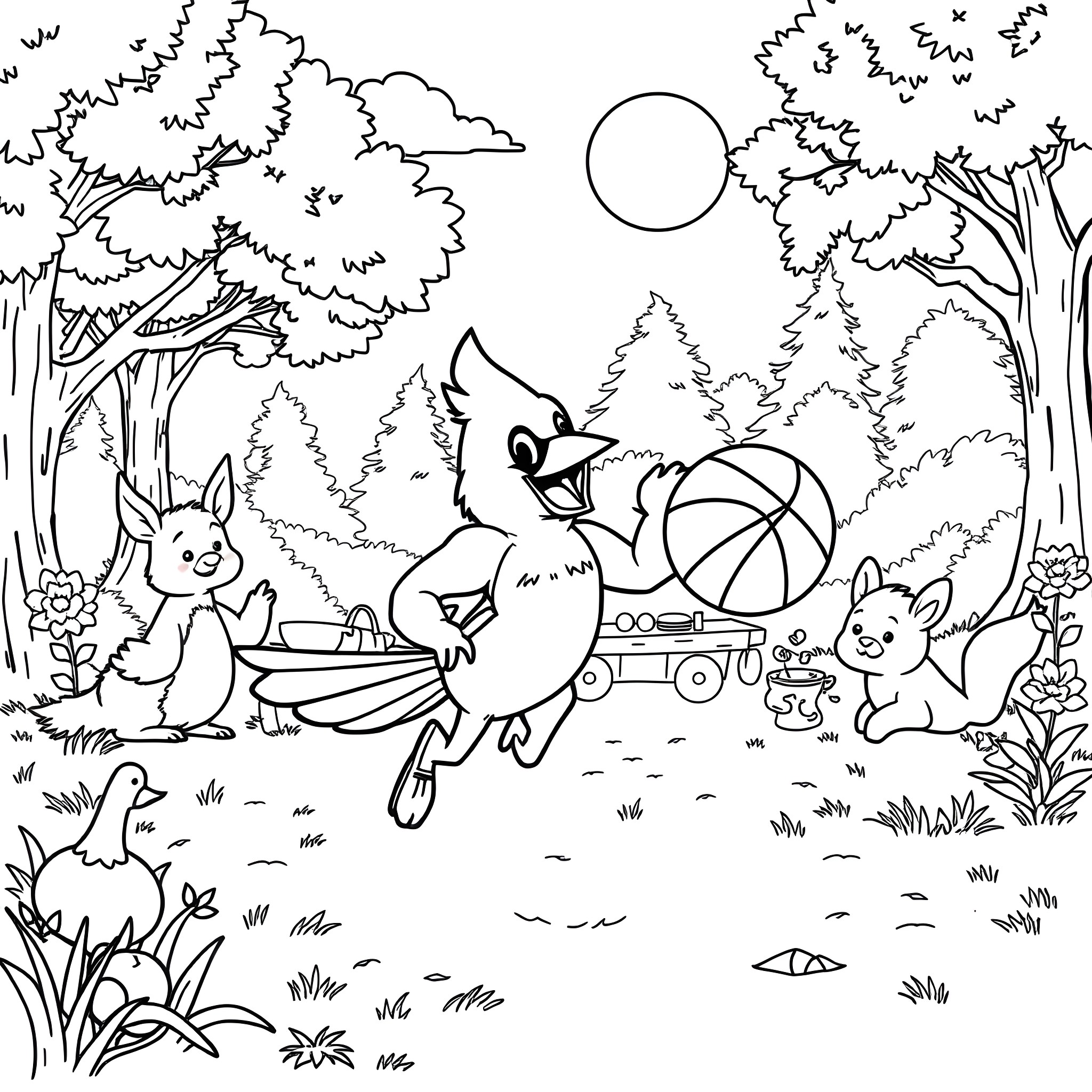 Cardinal Birds Frolicking in the Forest Coloring Page (free black-and-white line drawing printable PDF for all, from beginners to advanced learners, including children, teens, adults, and seniors)