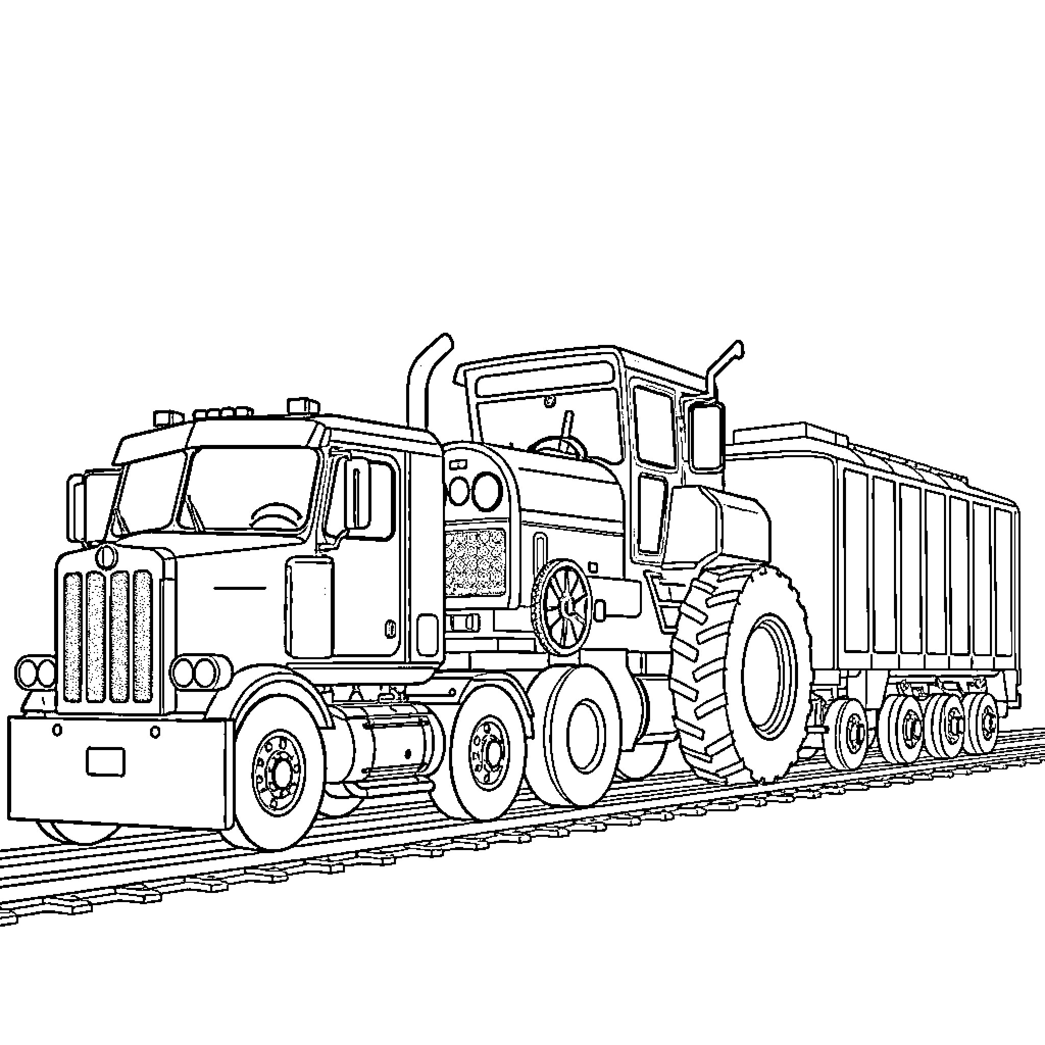 Tractor pulling large industrial dump truck Coloring Page (free black-and-white line drawing printable PDF for all, from beginners to advanced learners, including children, teens, adults, and seniors)