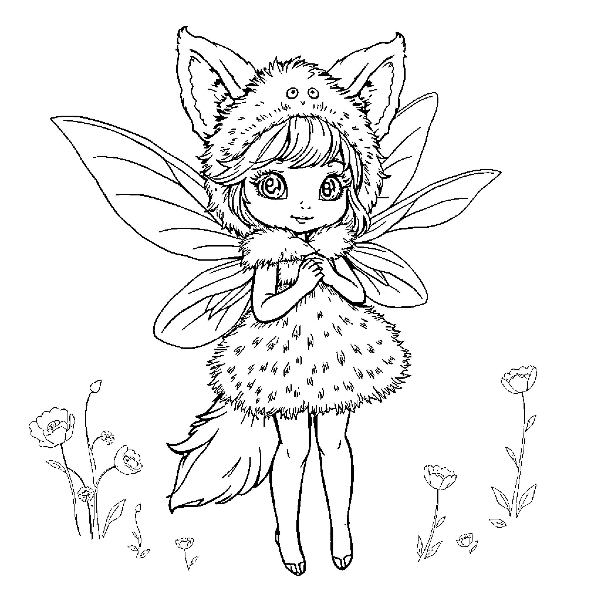 Fairy creature with large wings in a whimsical scene Coloring Page (free black-and-white line drawing printable PDF for all, from beginners to advanced learners, including children, teens, adults, and seniors)