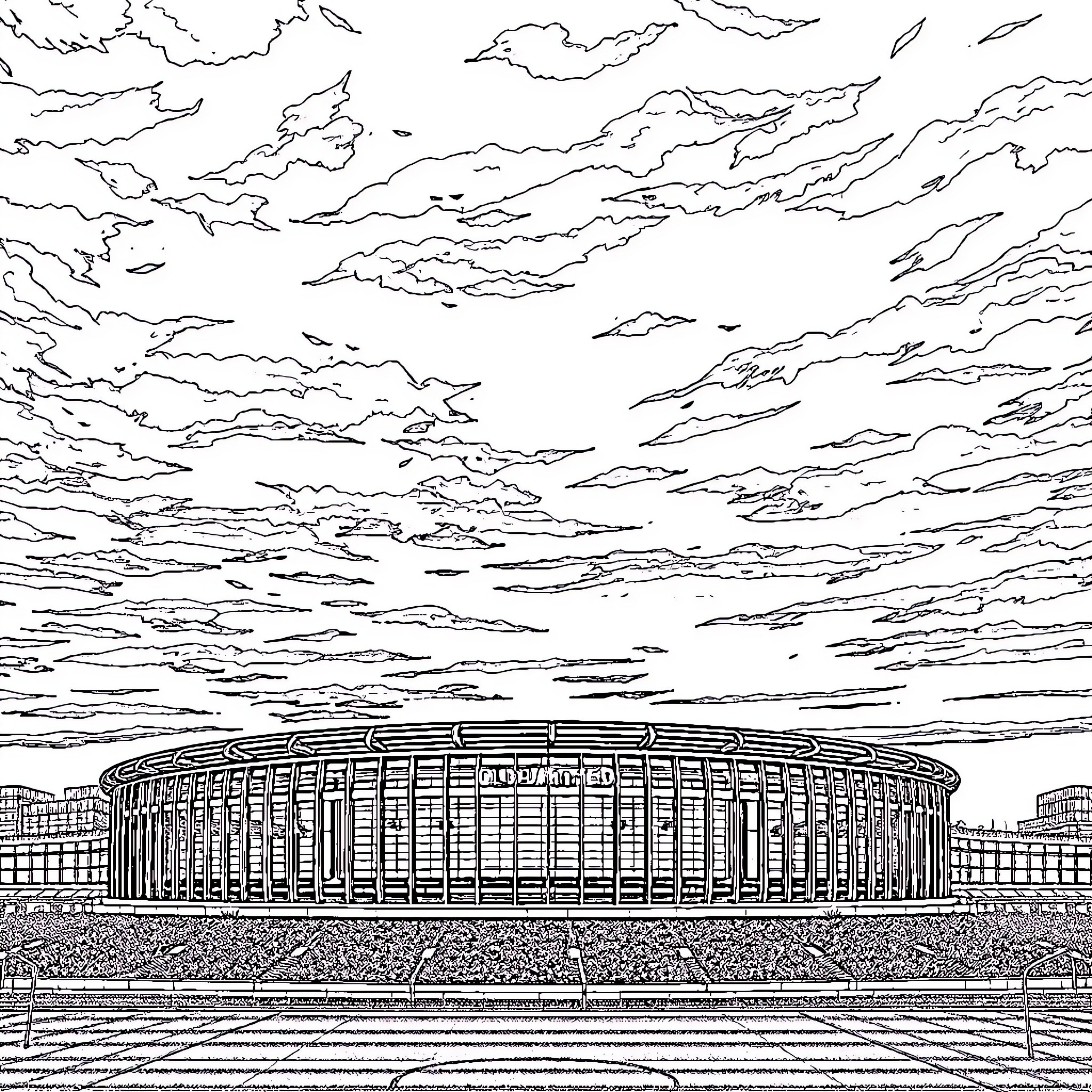 Old Trafford - Iconic Sporting Venue Under Dramatic Skies Coloring Page (free black-and-white line drawing printable PDF for all, from beginners to advanced learners, including children, teens, adults, and seniors)