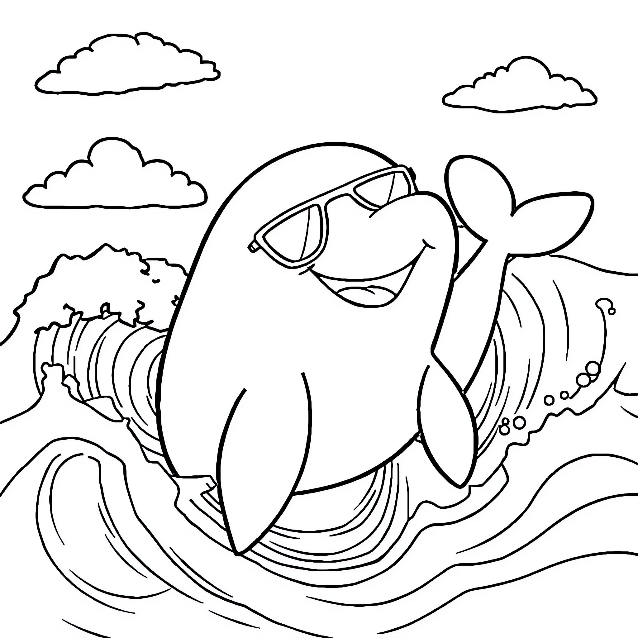 Beluga whale enjoying the waves Coloring Page (free black-and-white line drawing printable PDF for all, from beginners to advanced learners, including children, teens, adults, and seniors)