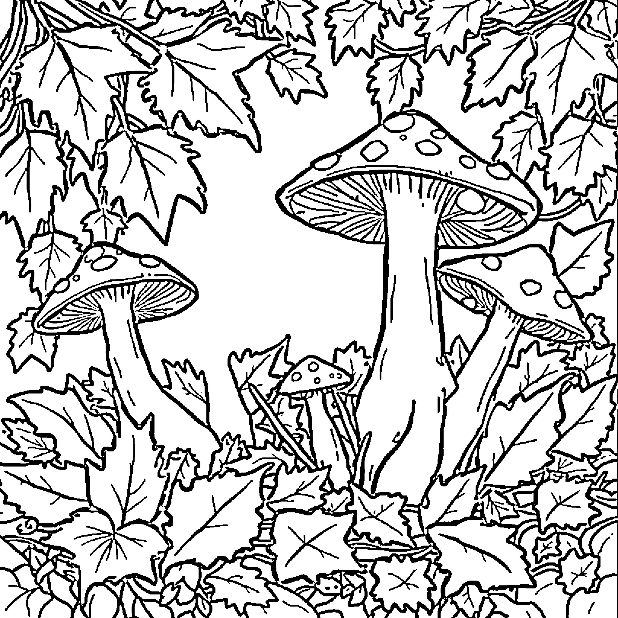 Mushroom Fantasy in the Autumn Forest Coloring Page (free black-and-white line drawing printable PDF for all, from beginners to advanced learners, including children, teens, adults, and seniors)