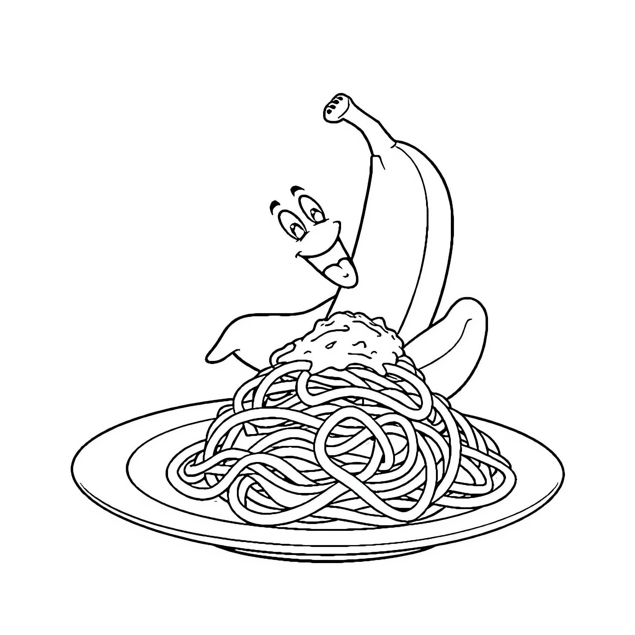 Banana playing with spaghetti on a plate Coloring Page (free black-and-white line drawing printable PDF for all, from beginners to advanced learners, including children, teens, adults, and seniors)