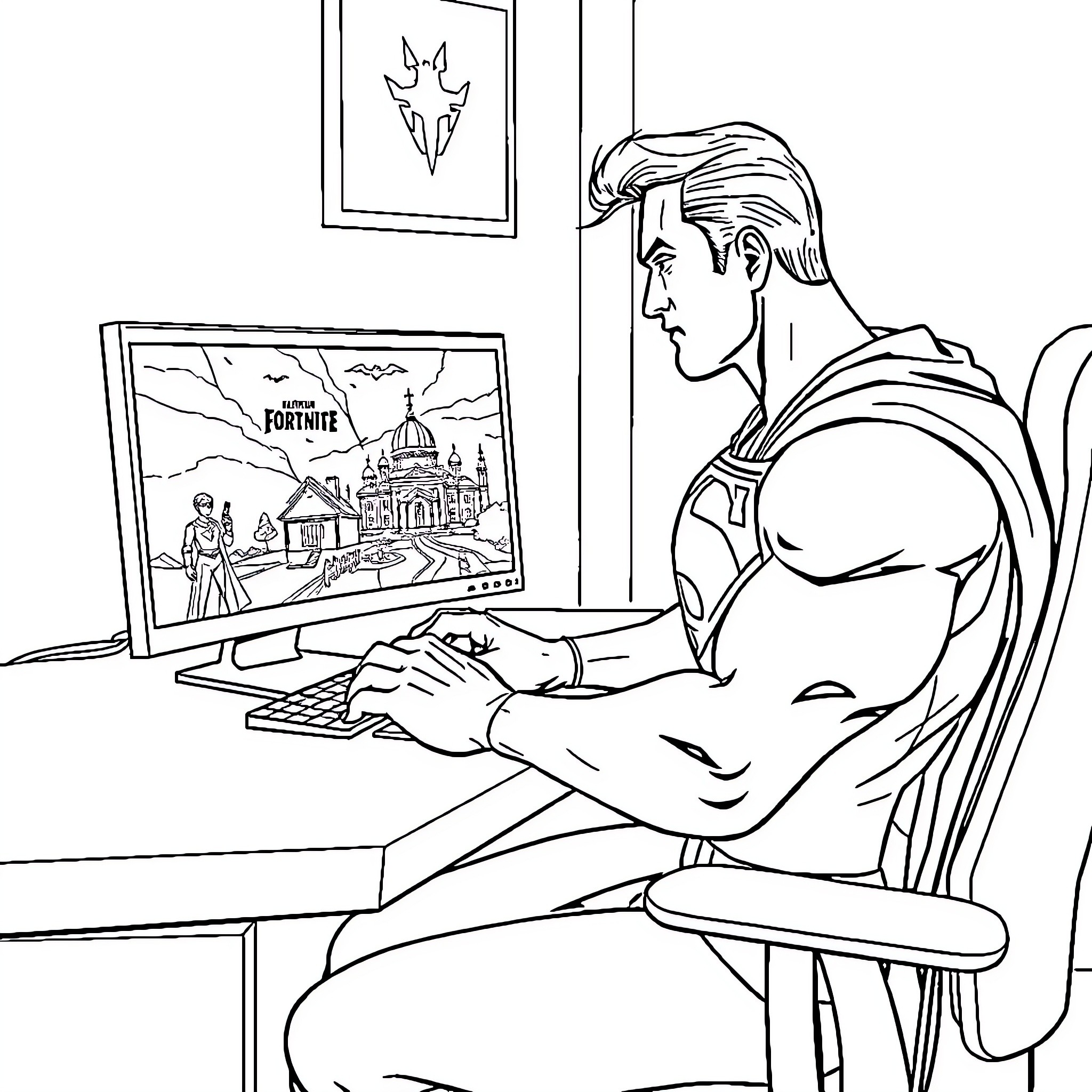 Superman admiring video game artwork on computer Coloring Page (free black-and-white line drawing printable PDF for all, from beginners to advanced learners, including children, teens, adults, and seniors)