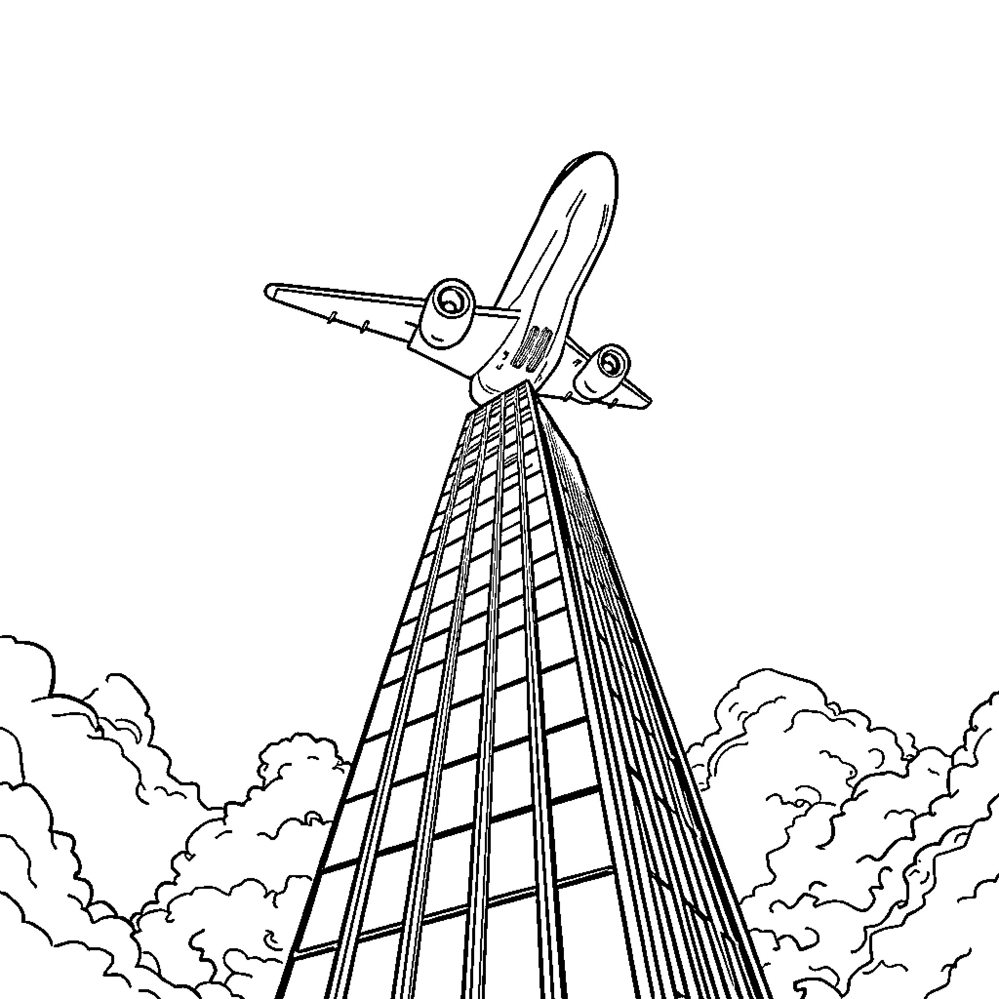 Plane ascending rapidly through the clouds Coloring Page (free black-and-white line drawing printable PDF for all, from beginners to advanced learners, including children, teens, adults, and seniors)