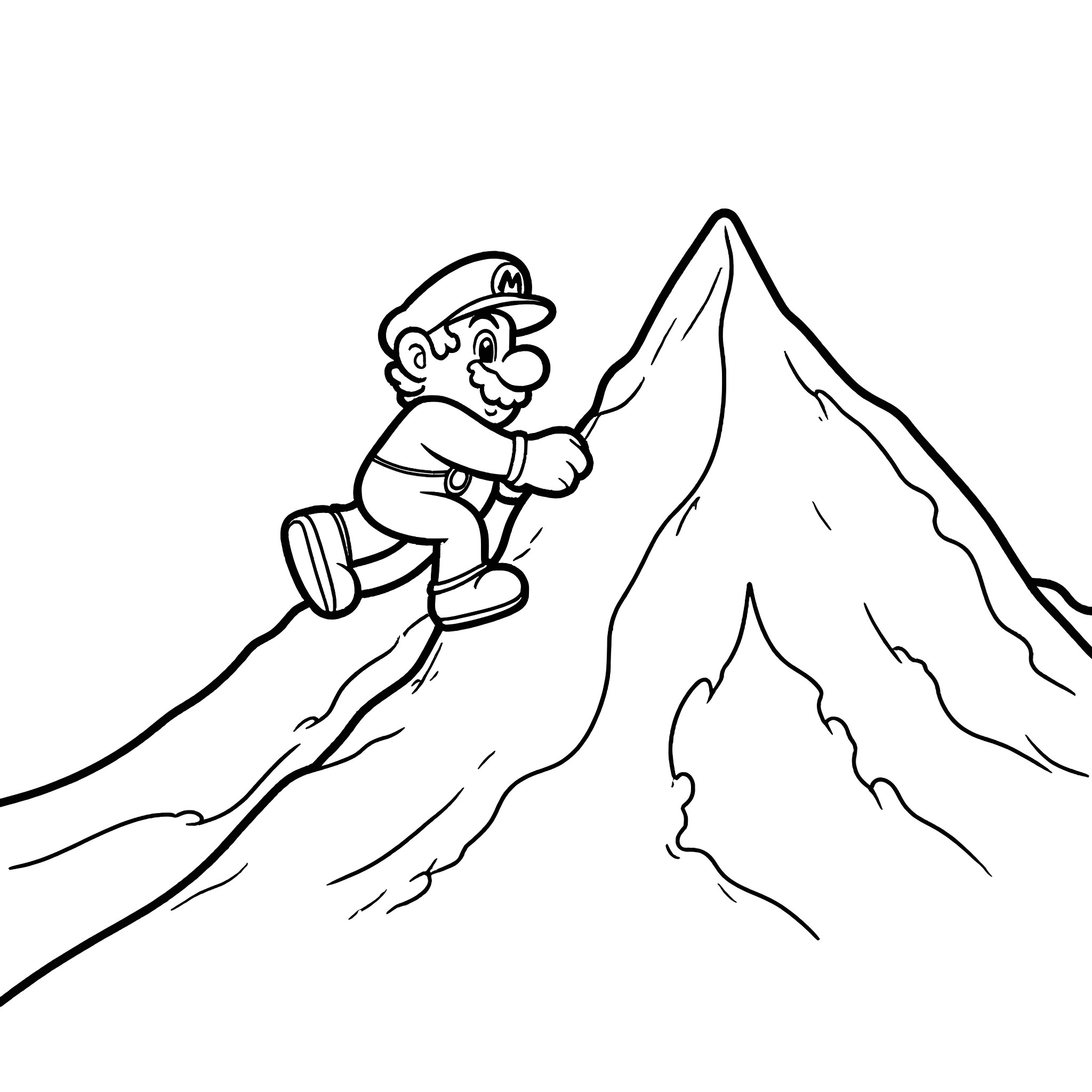 Mario climbing a snowy mountain peak Coloring Page (free black-and-white line drawing printable PDF for all, from beginners to advanced learners, including children, teens, adults, and seniors)