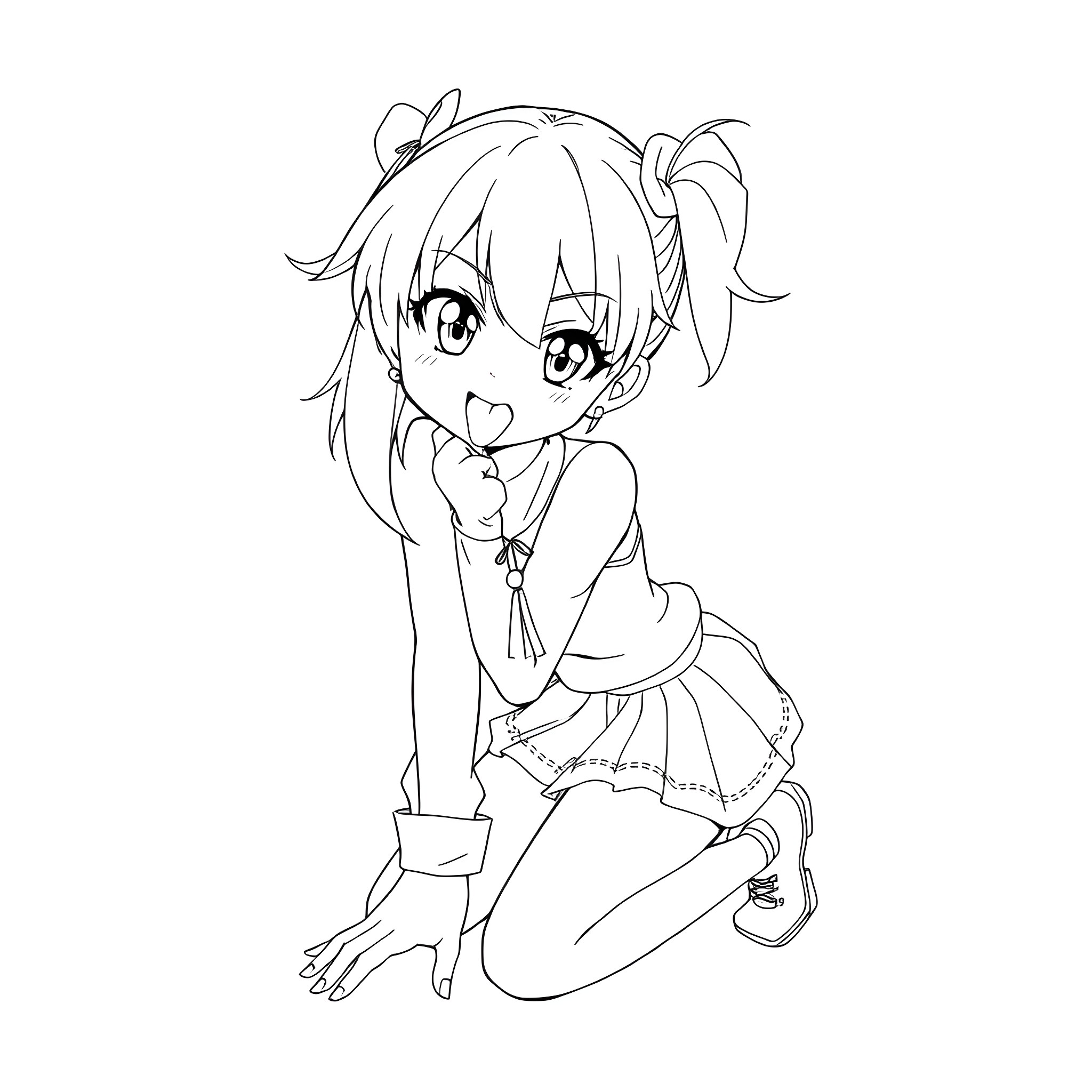 Anime Girl with Pigtails in Cute Pose Coloring Page (free black-and-white line drawing printable PDF for all, from beginners to advanced learners, including children, teens, adults, and seniors)
