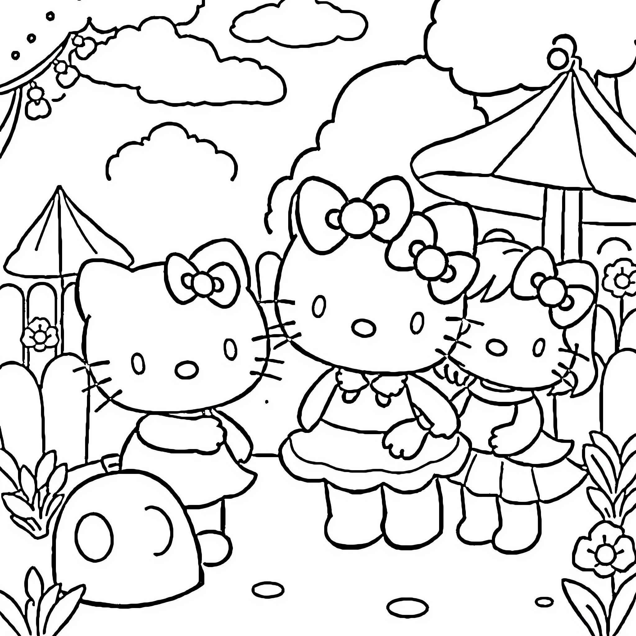 Hello Kitty and Friends at the Carnival Coloring Page (free black-and-white line drawing printable PDF for all, from beginners to advanced learners, including children, teens, adults, and seniors)