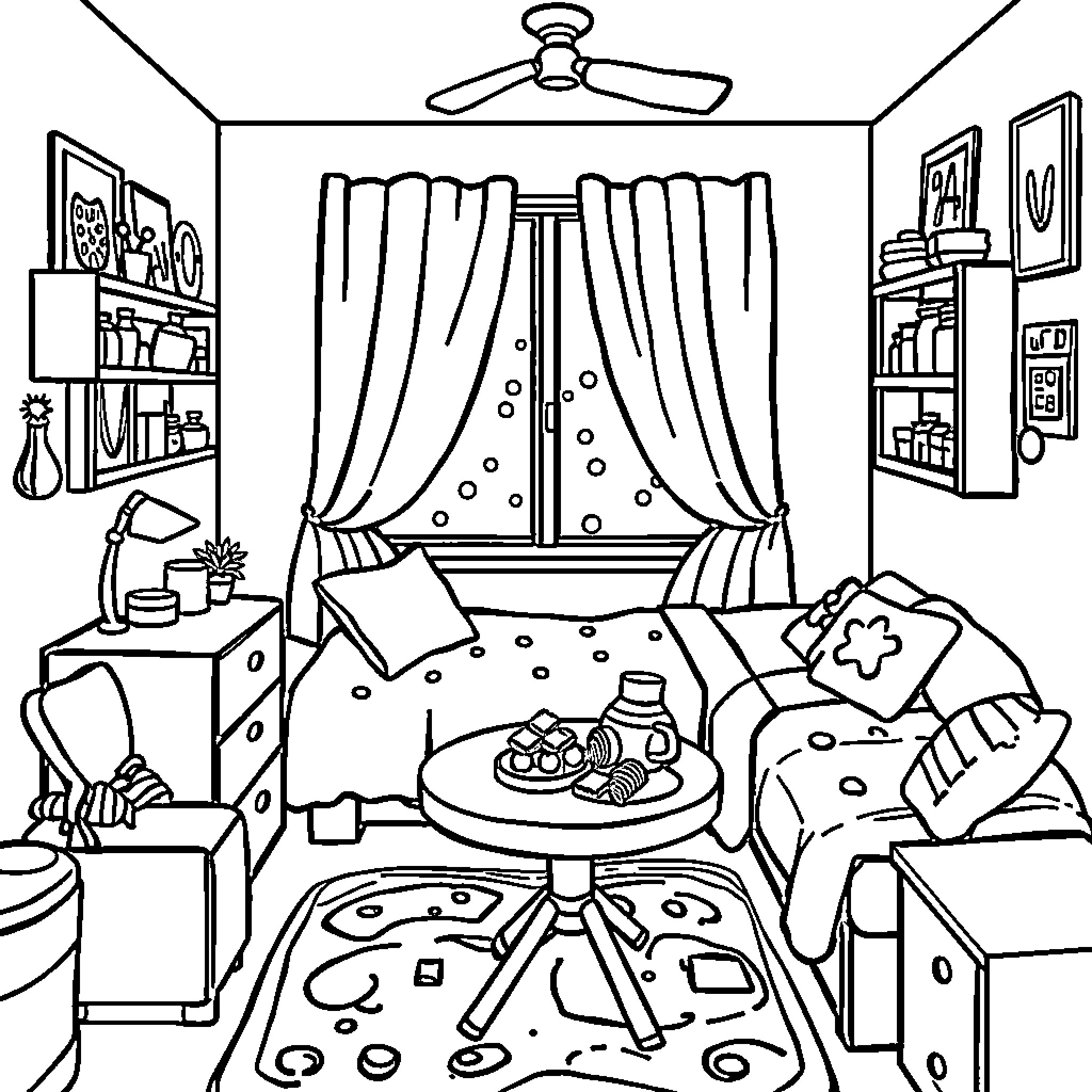 Bedroom with cozy furnishings and decor Coloring Page (free black-and-white line drawing printable PDF for all, from beginners to advanced learners, including children, teens, adults, and seniors)