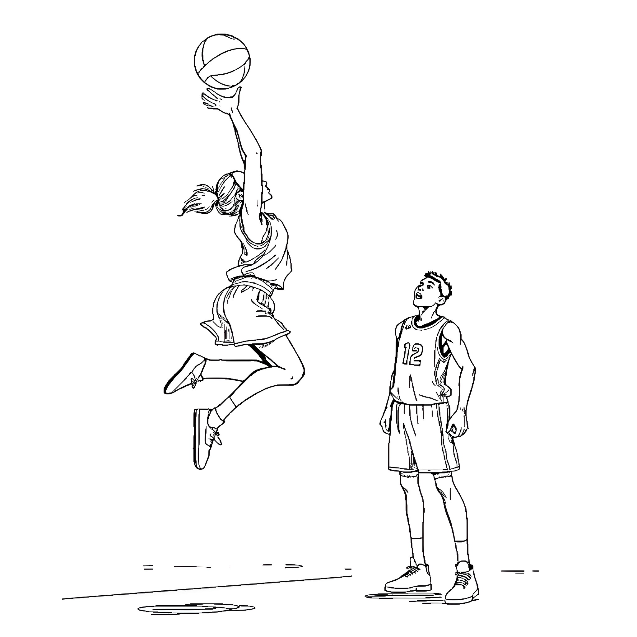 Basketball Player Jumping for Shot with Opponent Coloring Page (free black-and-white line drawing printable PDF for all, from beginners to advanced learners, including children, teens, adults, and seniors)