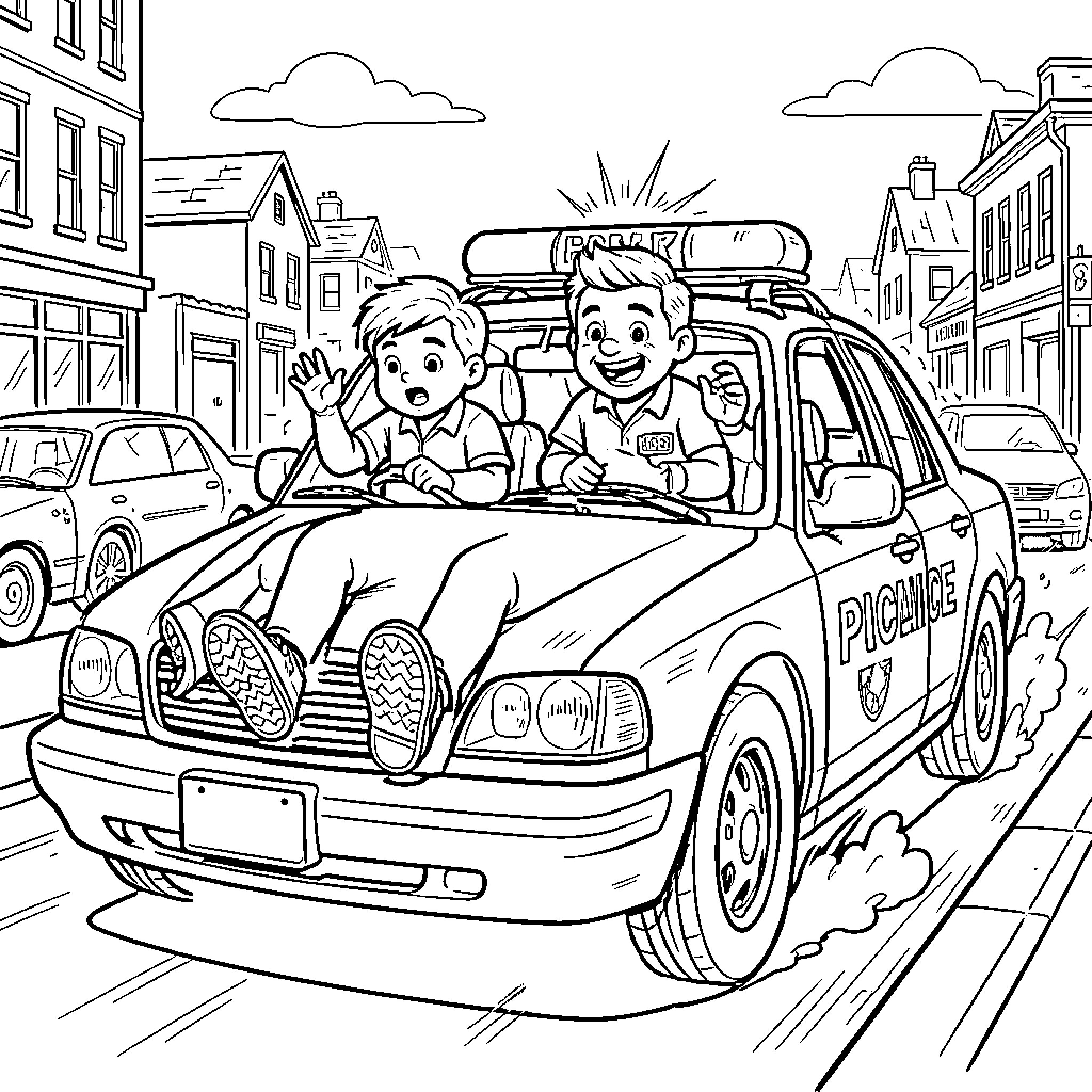 Pied Nickelé boys waving from a police car Coloring Page (free black-and-white line drawing printable PDF for all, from beginners to advanced learners, including children, teens, adults, and seniors)
