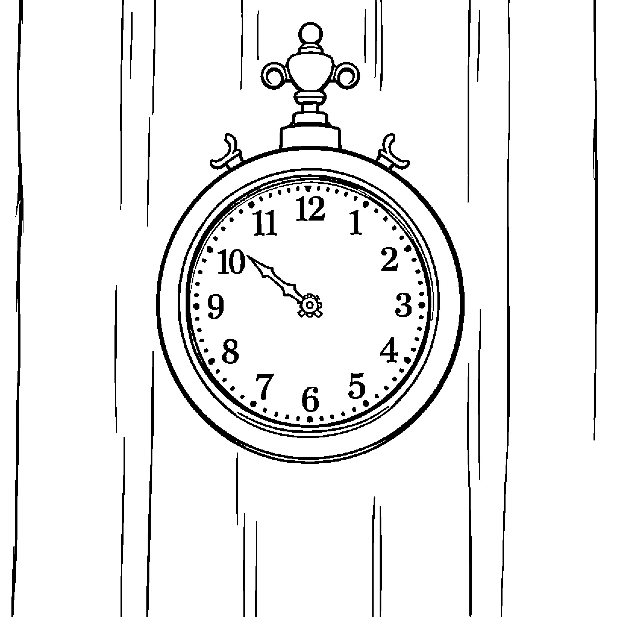 Clock on a Wooden Backdrop Coloring Page (free black-and-white line drawing printable PDF for all, from beginners to advanced learners, including children, teens, adults, and seniors)
