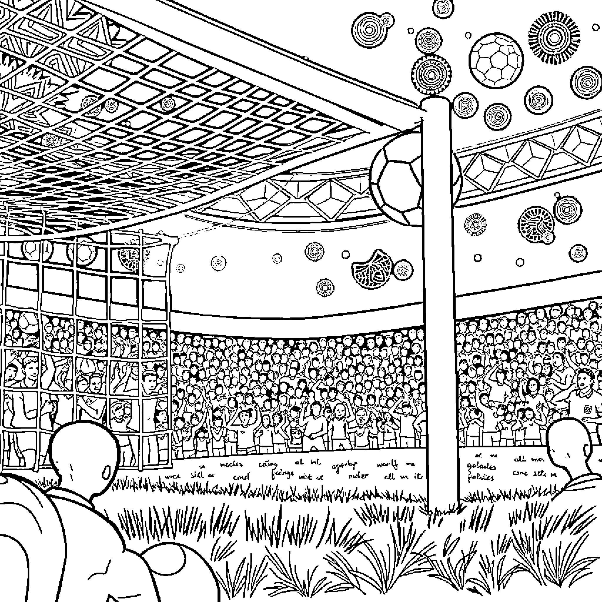 Football stadium filled with energy and excitement Coloring Page (free black-and-white line drawing printable PDF for all, from beginners to advanced learners, including children, teens, adults, and seniors)