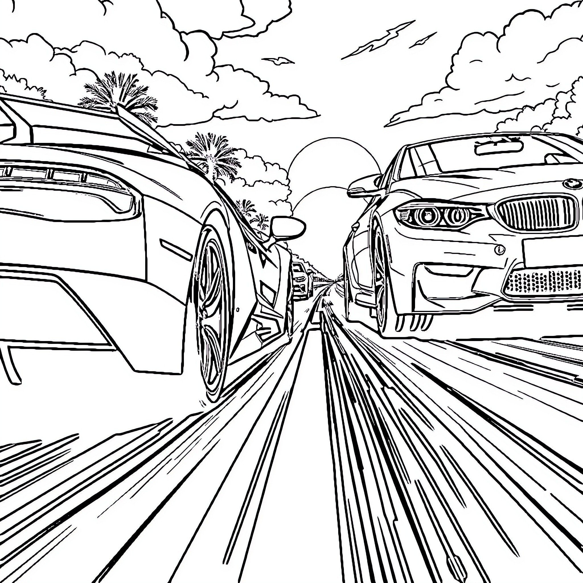 Cars racing on the road with palm trees Coloring Page (free black-and-white line drawing printable PDF for all, from beginners to advanced learners, including children, teens, adults, and seniors)