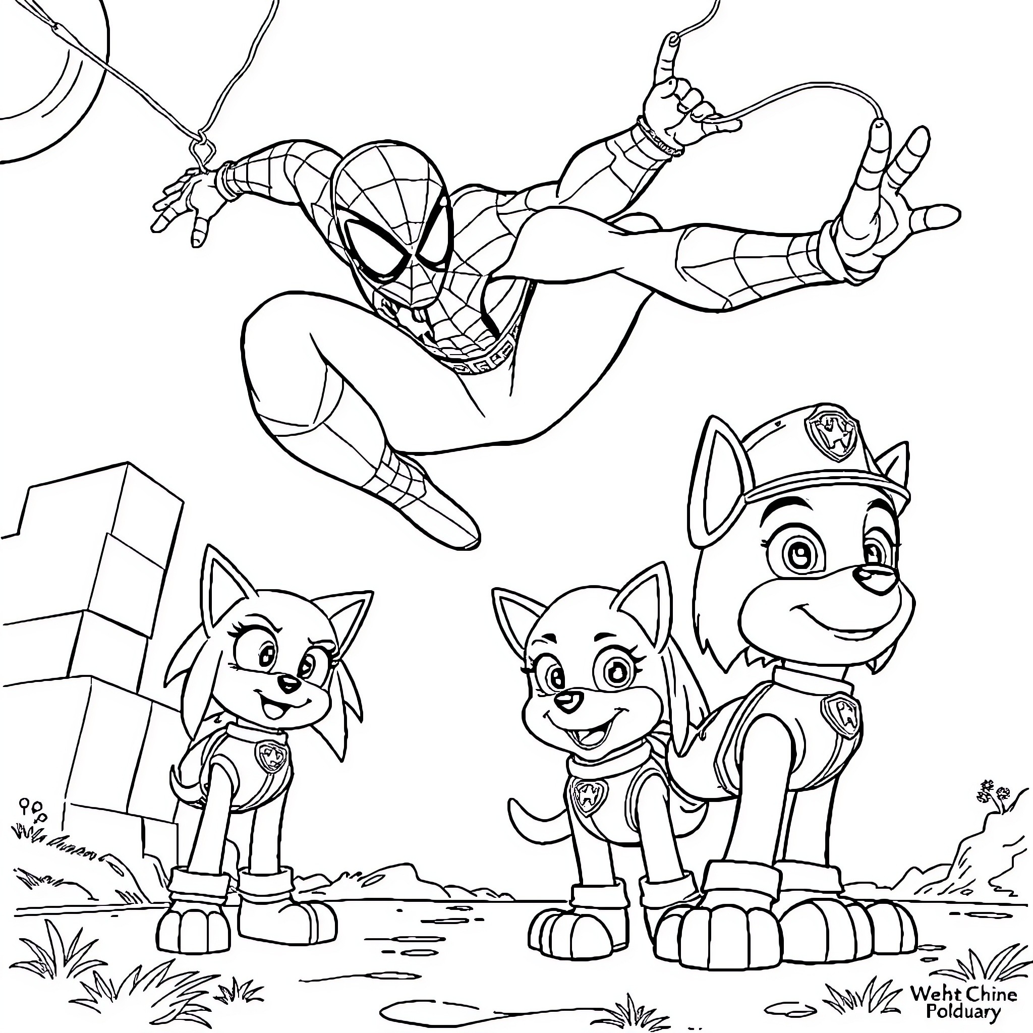 Spiderman swinging above Paw Patrol characters Coloring Page (free black-and-white line drawing printable PDF for all, from beginners to advanced learners, including children, teens, adults, and seniors)