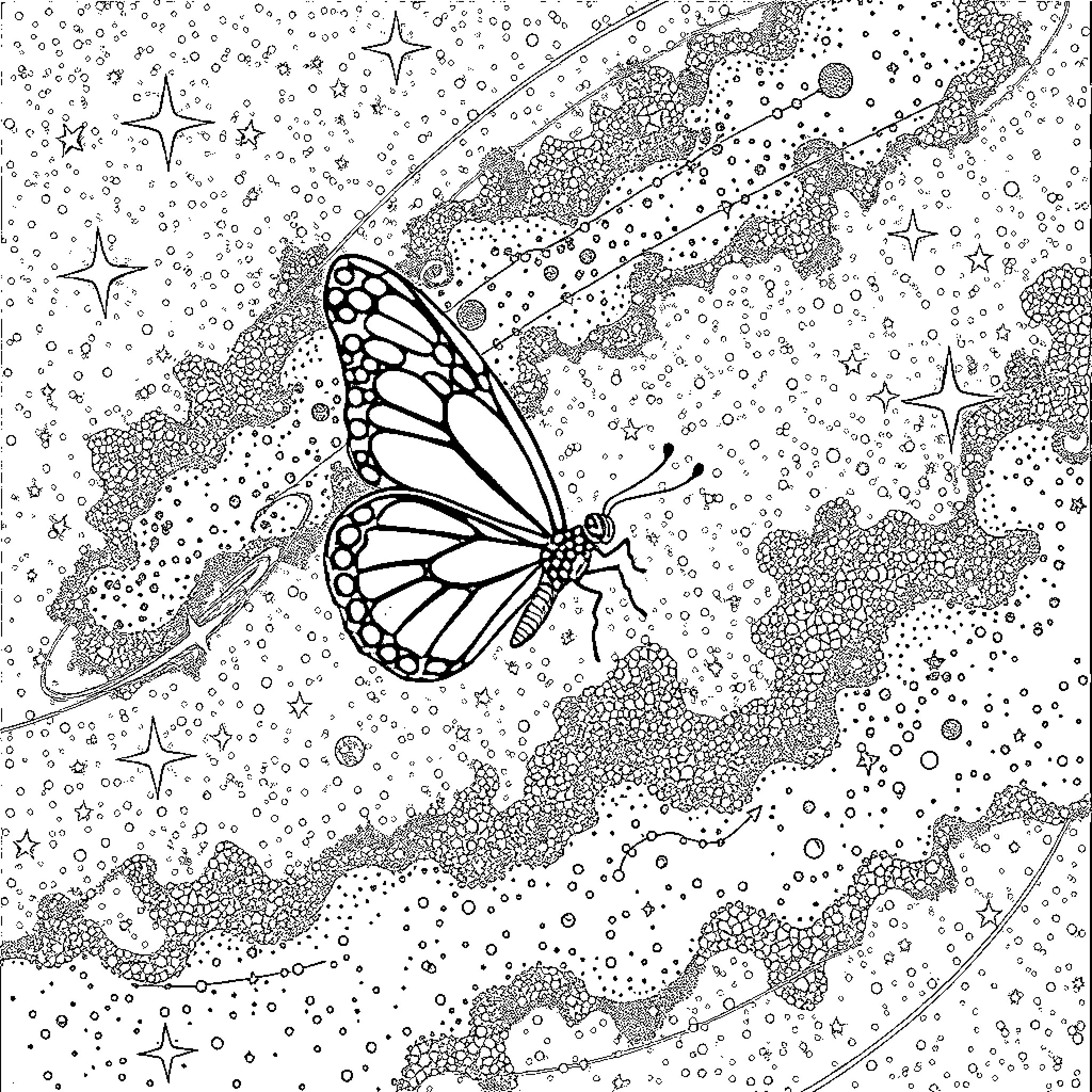 Butterfly amongst the celestial stars Coloring Page (free black-and-white line drawing printable PDF for all, from beginners to advanced learners, including children, teens, adults, and seniors)