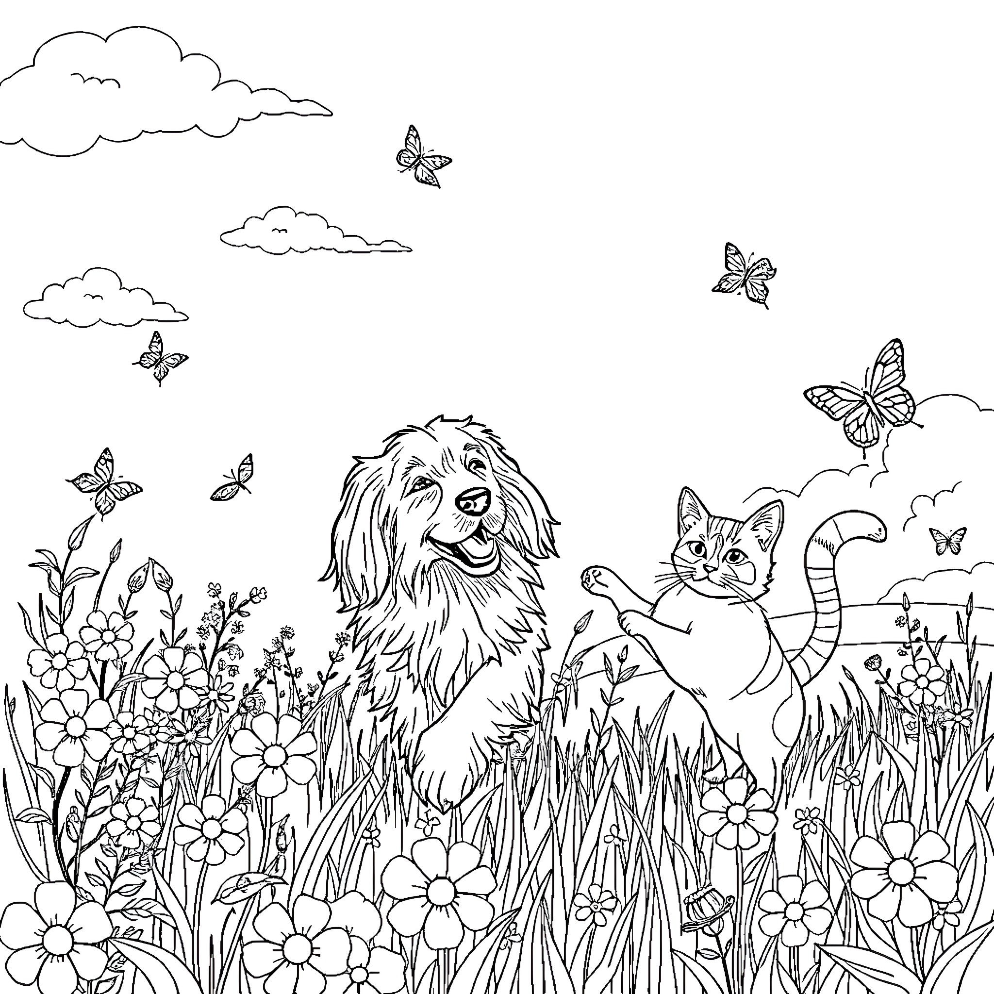 Dog and cat playing happily in a floral field Coloring Page (free black-and-white line drawing printable PDF for all, from beginners to advanced learners, including children, teens, adults, and seniors)