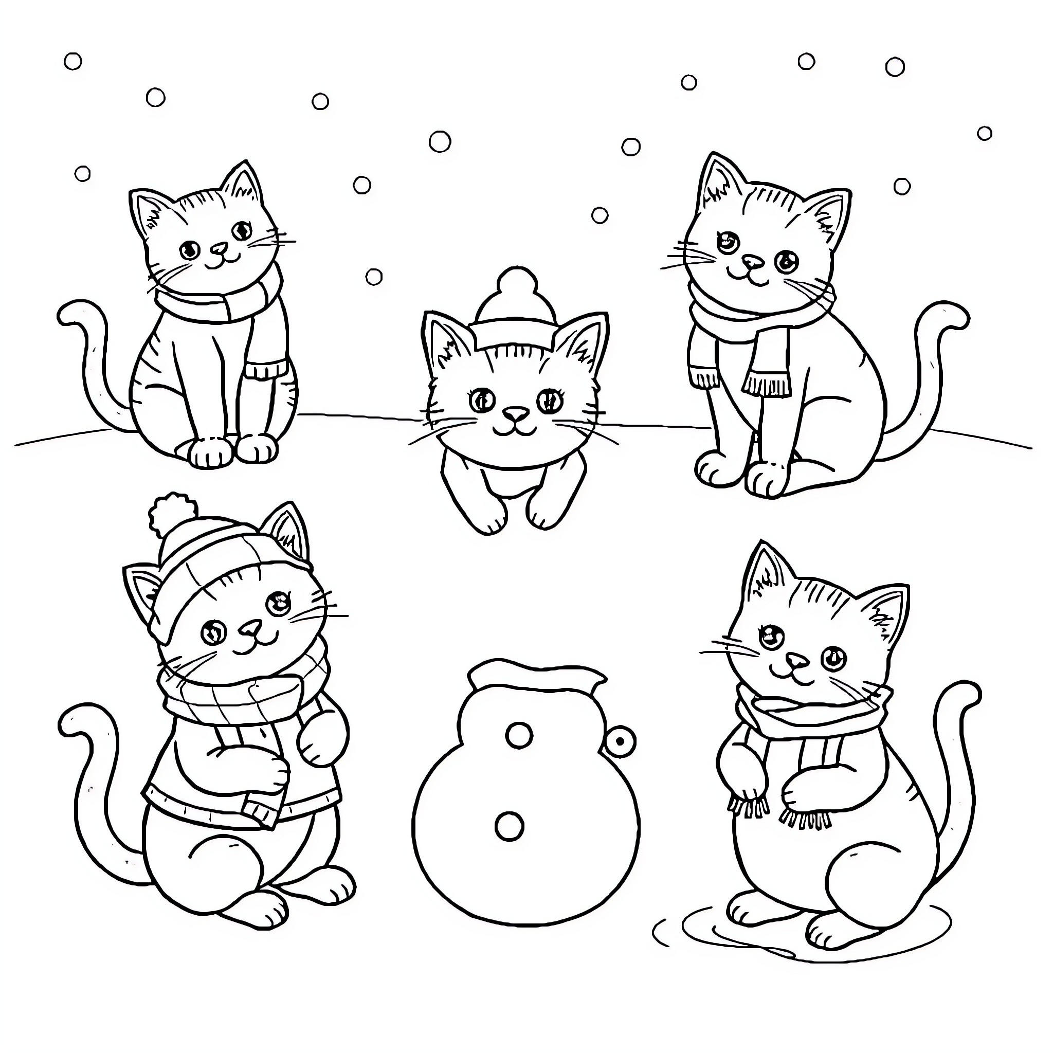 Cats in Winter Outfits and Accessories Coloring Page (free black-and-white line drawing printable PDF for all, from beginners to advanced learners, including children, teens, adults, and seniors)