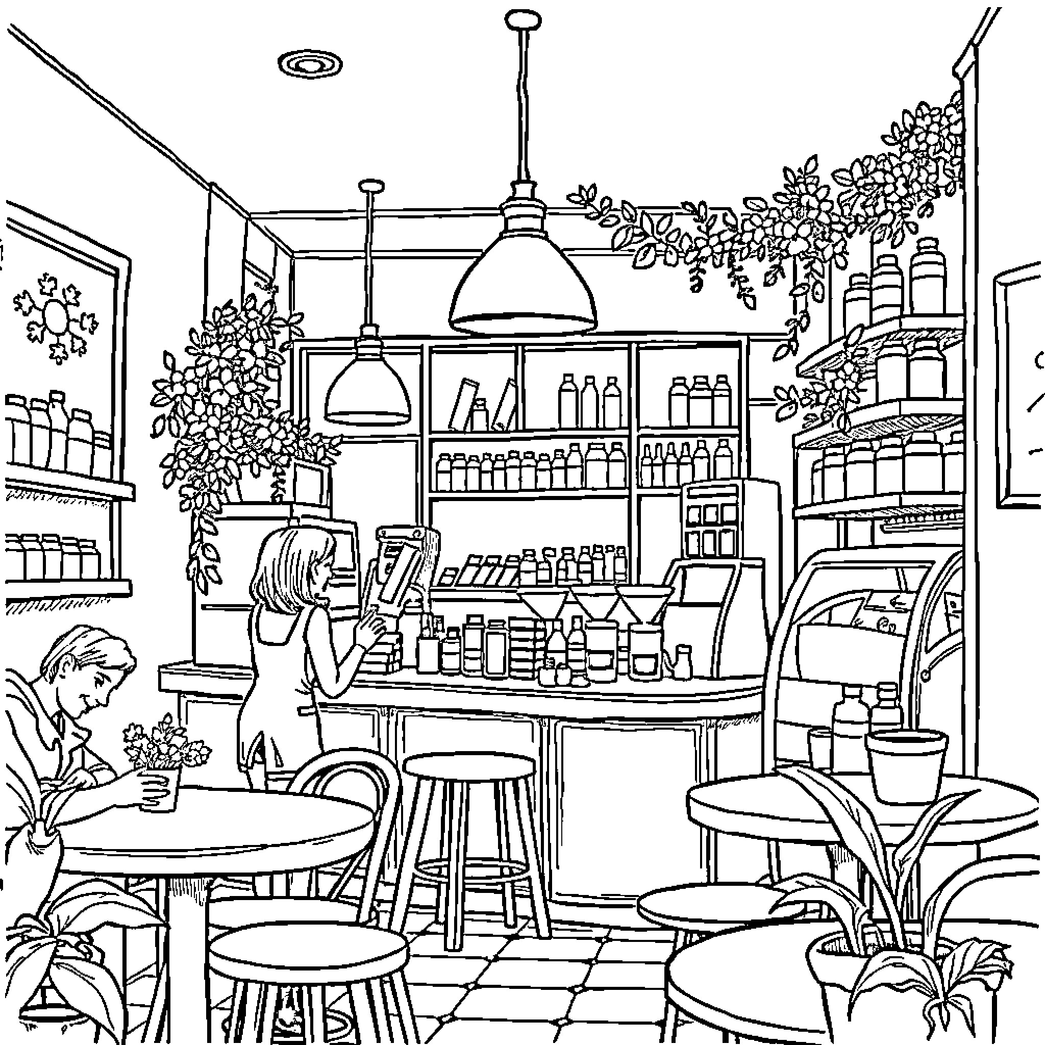 Caway's Cozy Cafe Escape Coloring Page (free black-and-white line drawing printable PDF for all, from beginners to advanced learners, including children, teens, adults, and seniors)