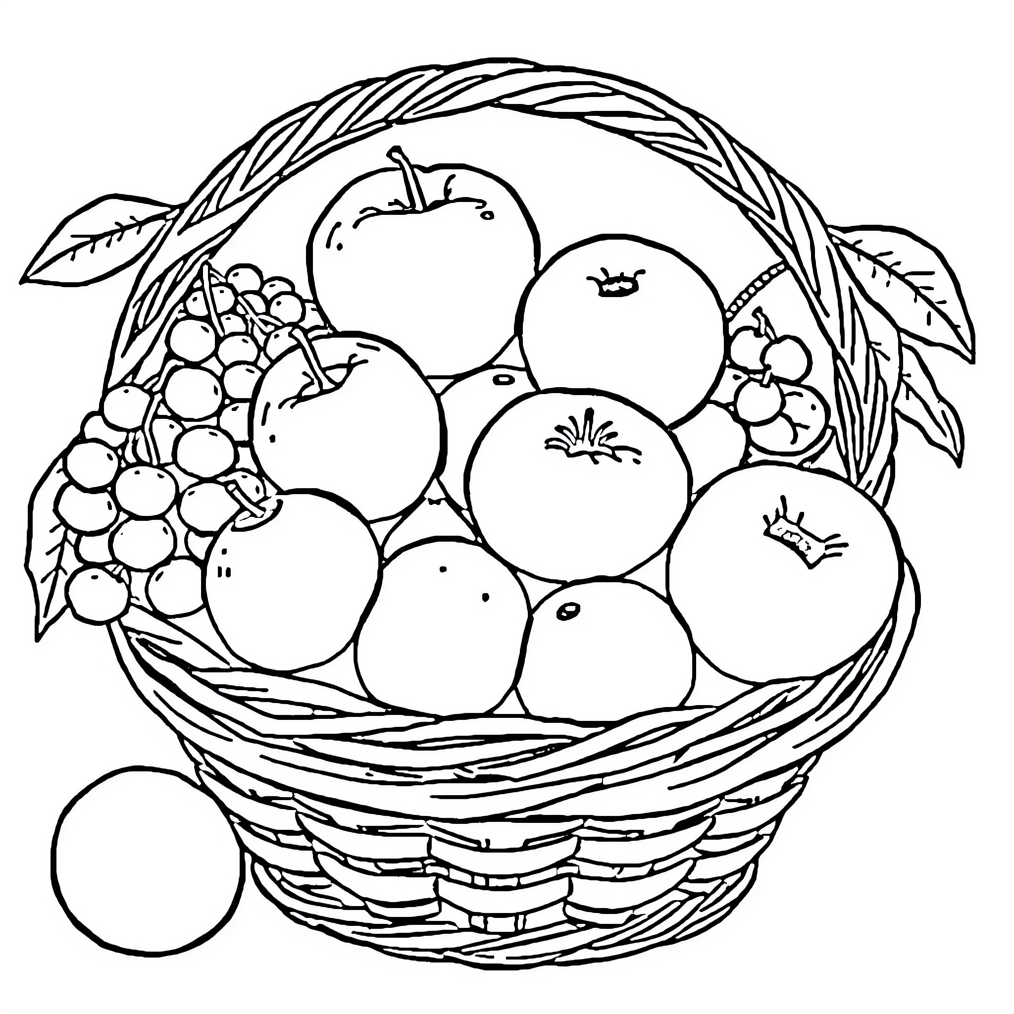 Fruit Basket Filled with Assorted Produce Coloring Page (free black-and-white line drawing printable PDF for all, from beginners to advanced learners, including children, teens, adults, and seniors)