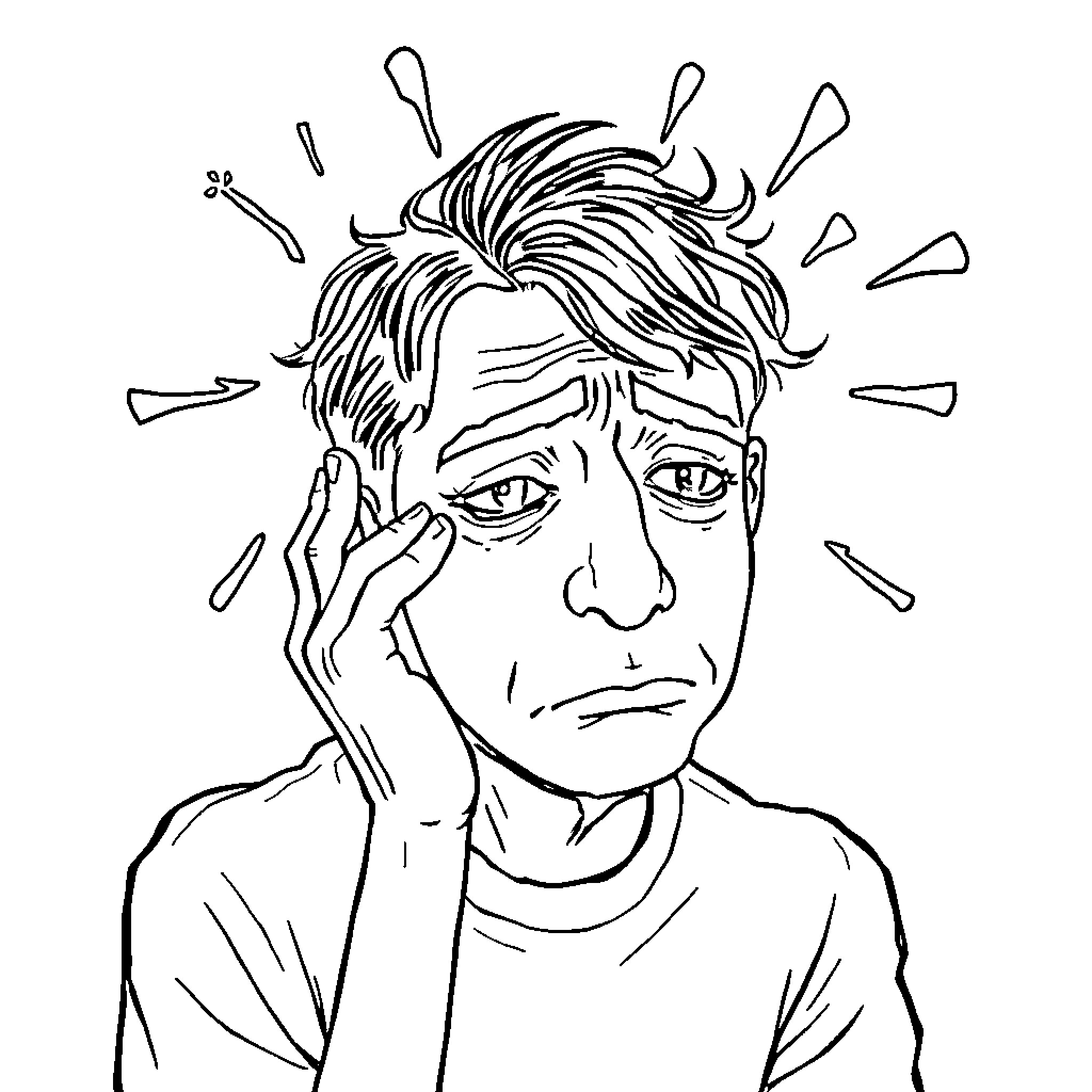 Brain expressing distress and anguish Coloring Page (free black-and-white line drawing printable PDF for all, from beginners to advanced learners, including children, teens, adults, and seniors)