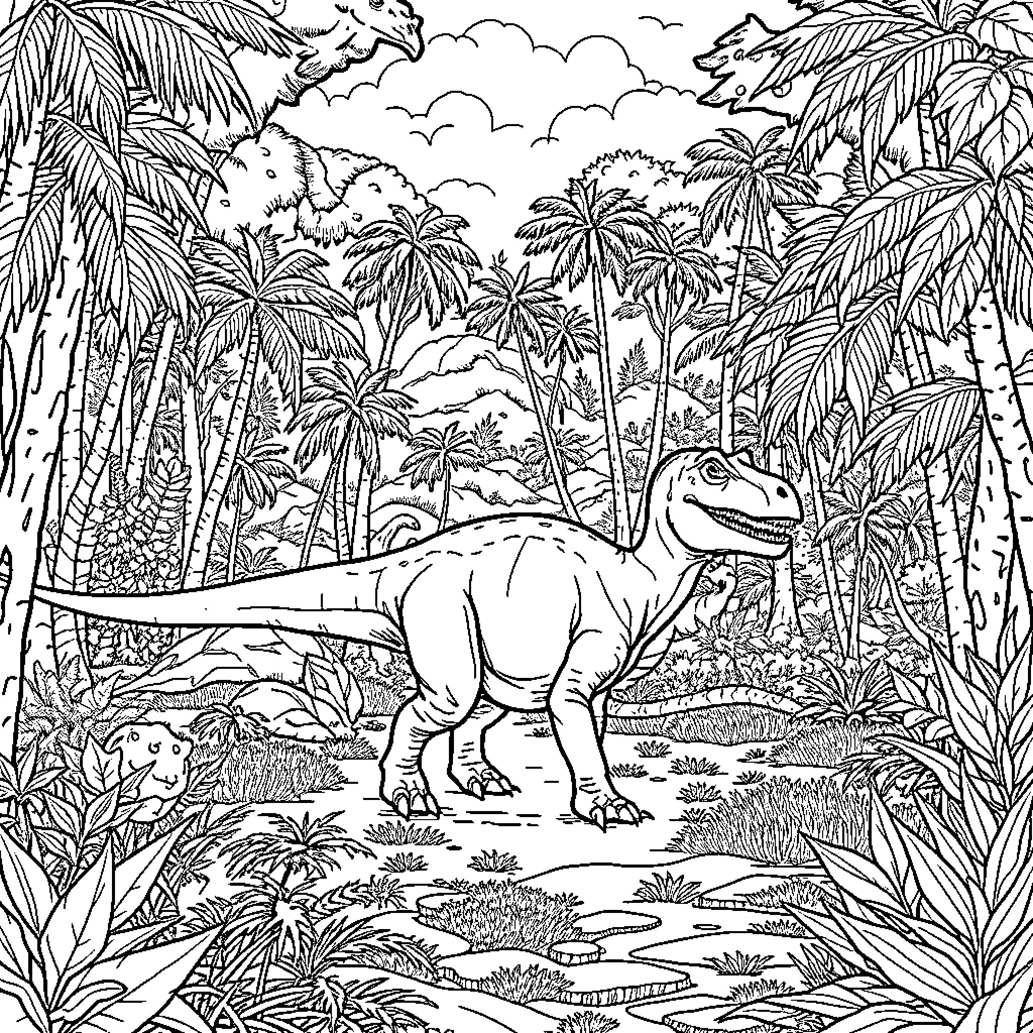 Dinosaur in a Lush Tropical Landscape Coloring Page (free black-and-white line drawing printable PDF for all, from beginners to advanced learners, including children, teens, adults, and seniors)