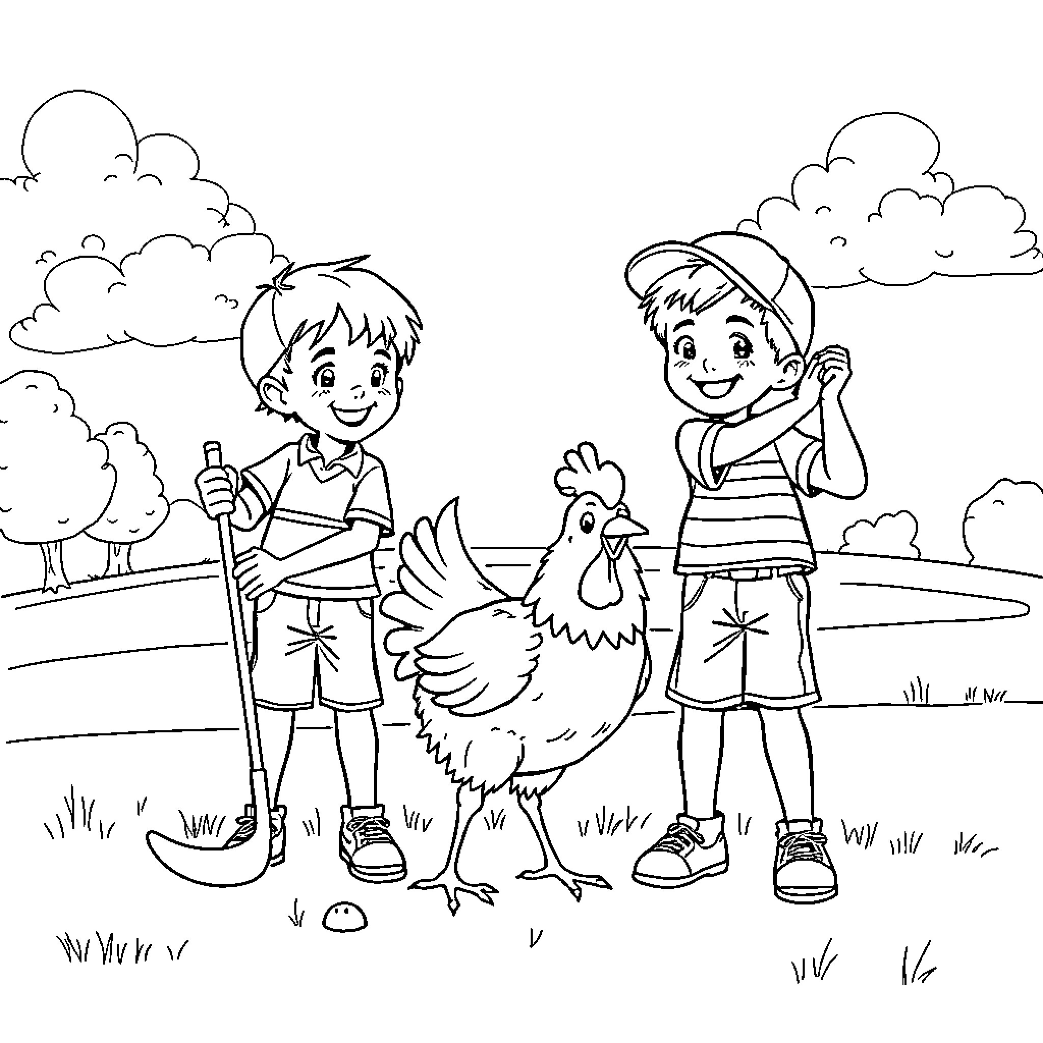 Boy Herding Chickens in the Countryside Coloring Page (free black-and-white line drawing printable PDF for all, from beginners to advanced learners, including children, teens, adults, and seniors)