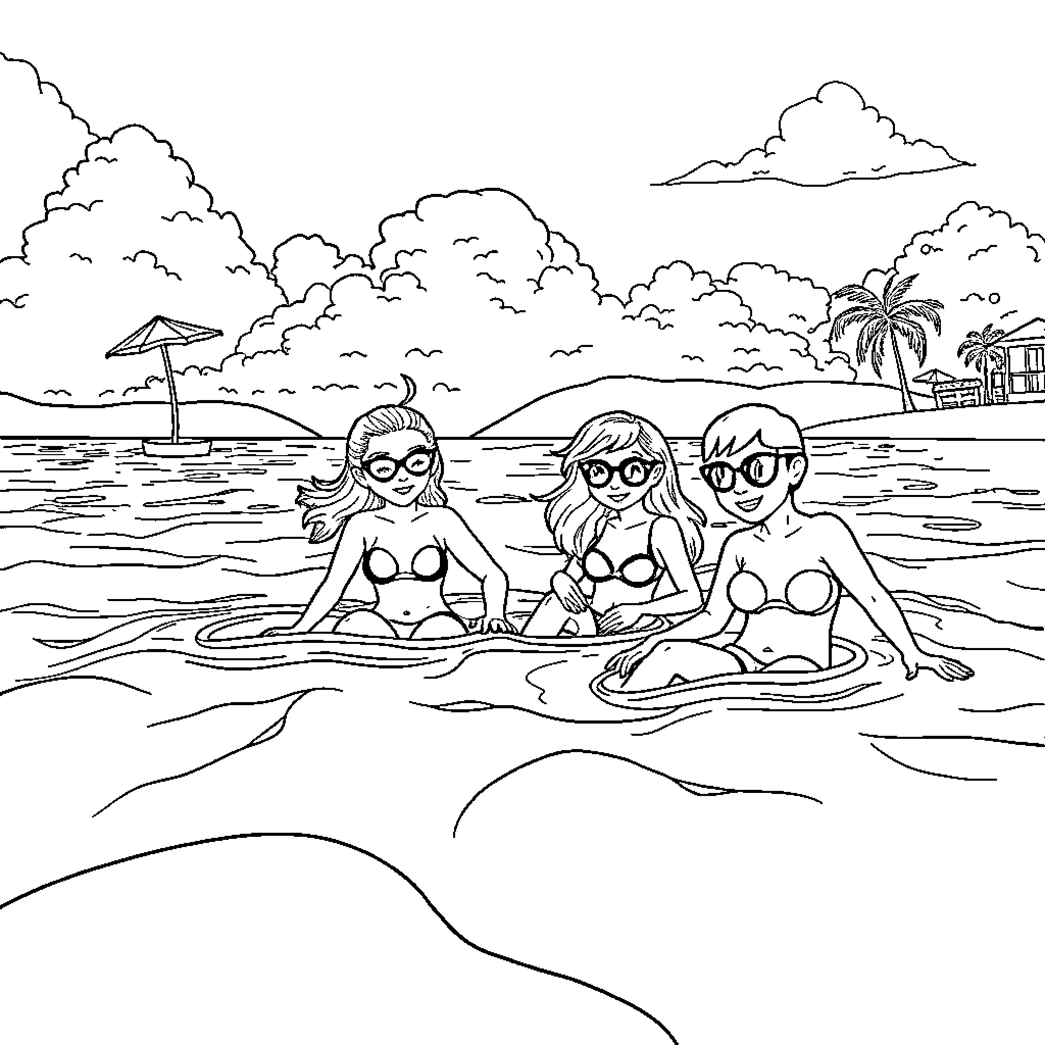 Keypop Beach Day Excursion Coloring Page (free black-and-white line drawing printable PDF for all, from beginners to advanced learners, including children, teens, adults, and seniors)