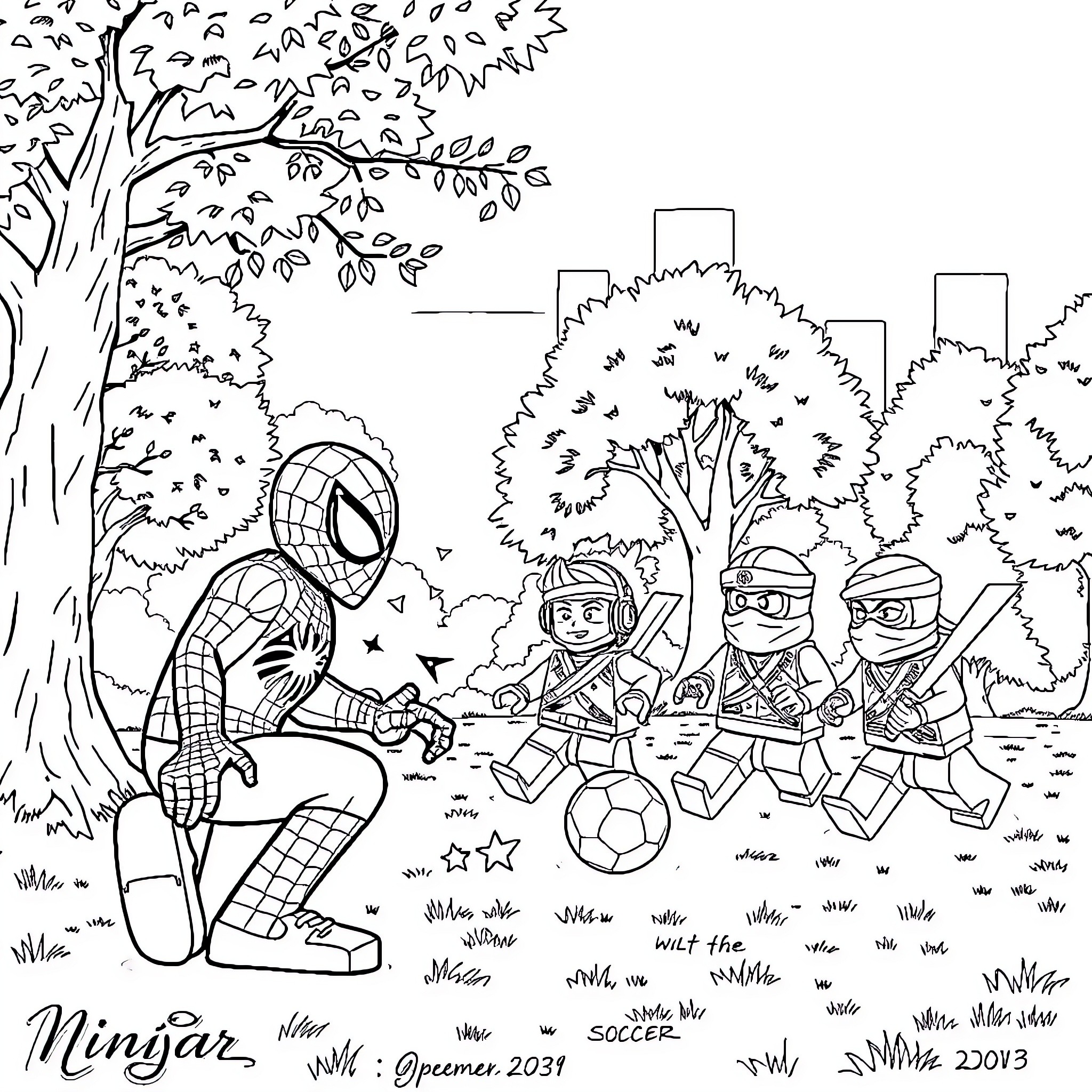 Spider-Man Playing Soccer with Kids in Park Coloring Page (free black-and-white line drawing printable PDF for all, from beginners to advanced learners, including children, teens, adults, and seniors)