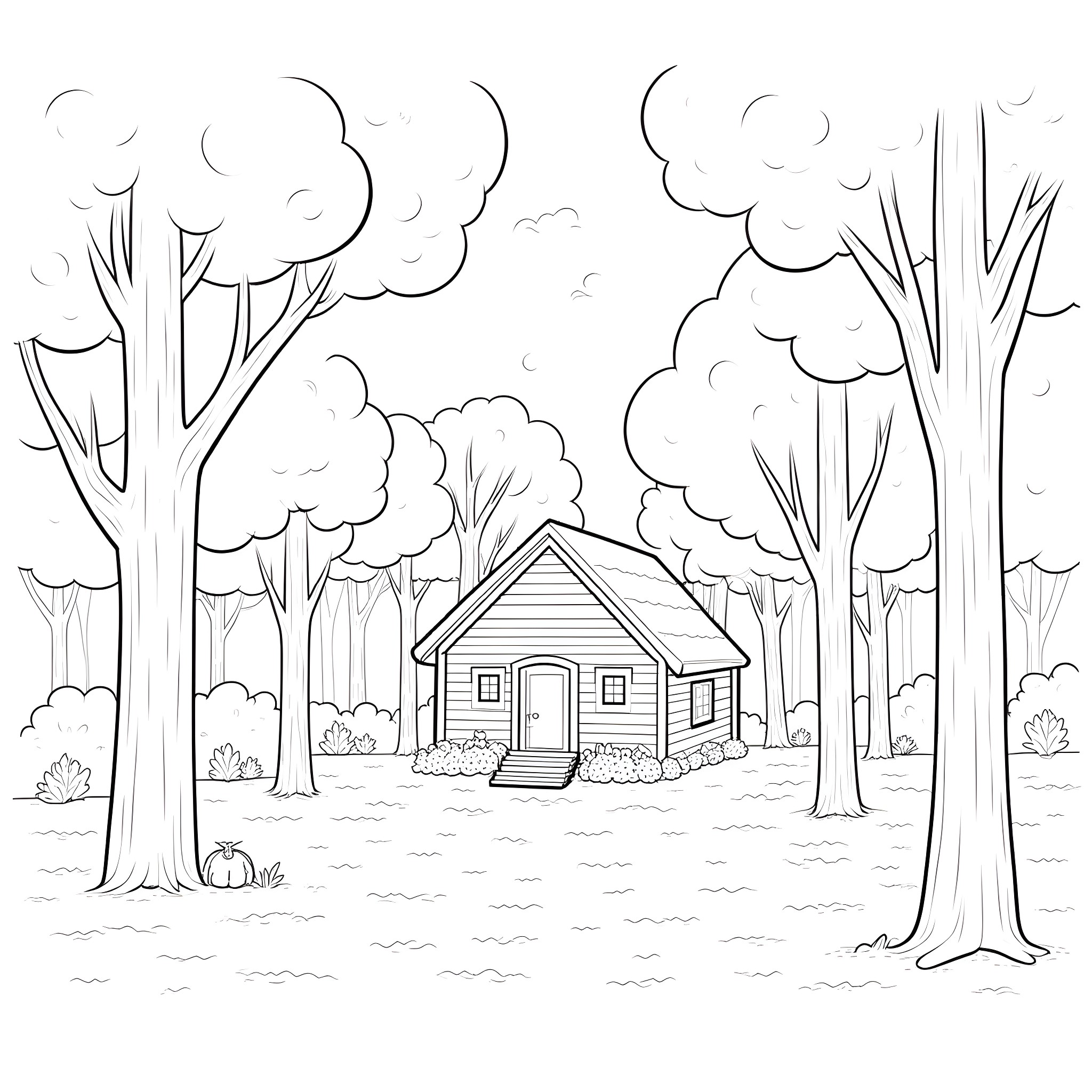 Cabin in the serene forest with trees Coloring Page (free black-and-white line drawing printable PDF for all, from beginners to advanced learners, including children, teens, adults, and seniors)