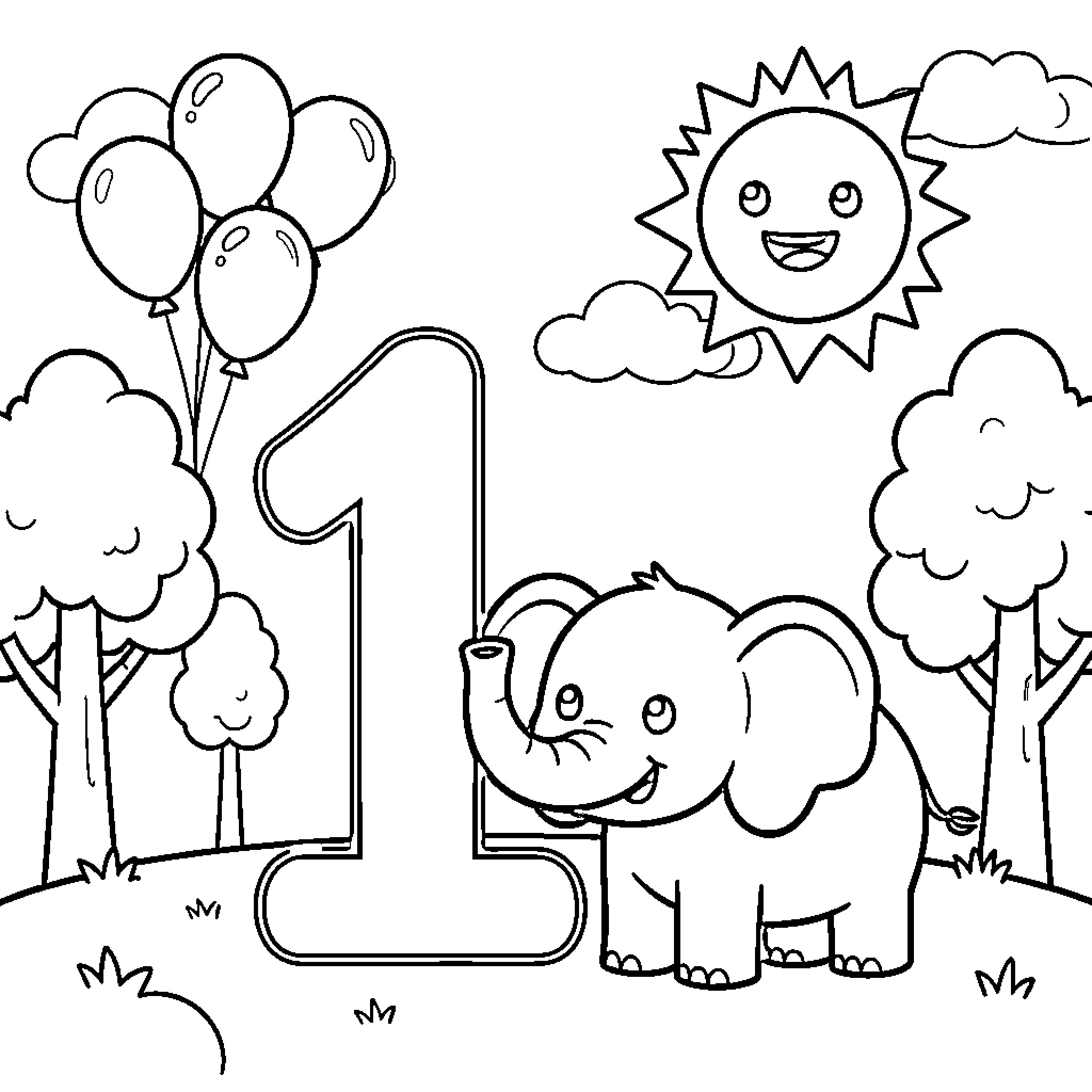 Number 1 Elephant with balloons in nature scene Coloring Page (free black-and-white line drawing printable PDF for all, from beginners to advanced learners, including children, teens, adults, and seniors)