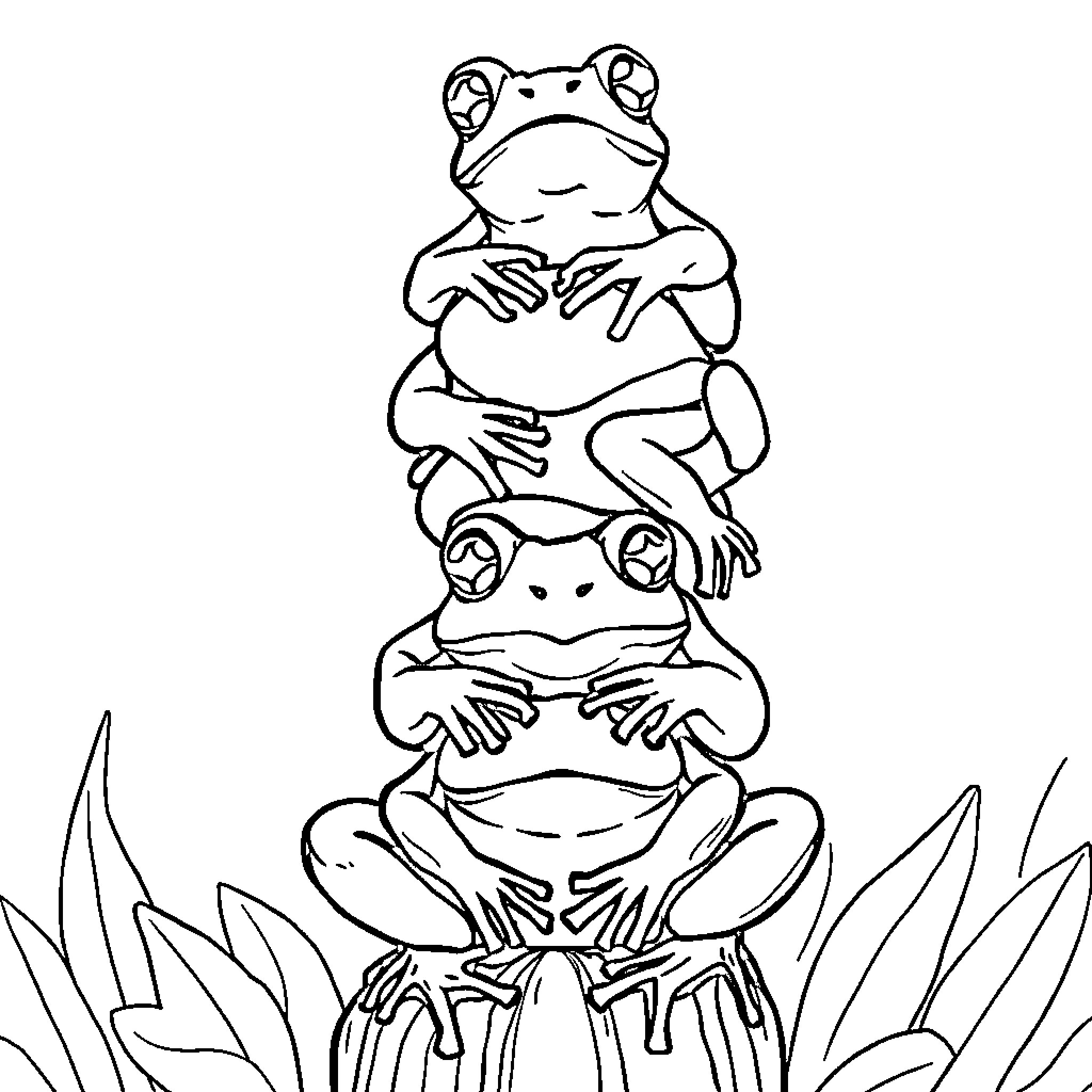 Frogs balancing on each other in nature Coloring Page (free black-and-white line drawing printable PDF for all, from beginners to advanced learners, including children, teens, adults, and seniors)